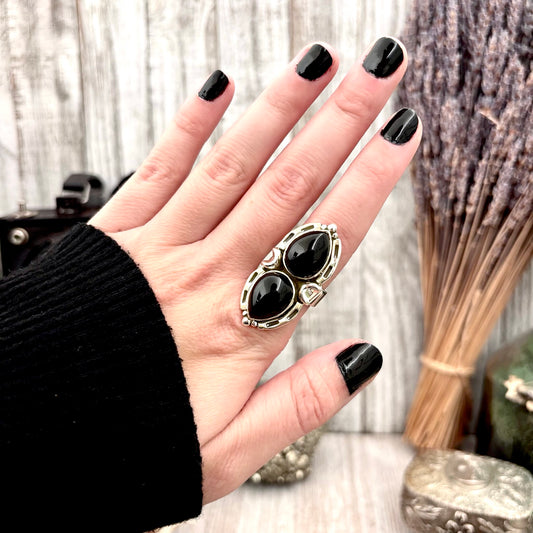 Mystic Moons Black Onyx Crystal Ring in Solid Sterling Silver- Designed by FOXLARK Collection Size Adjustable from 6 - 9 / Gothic Jewelry