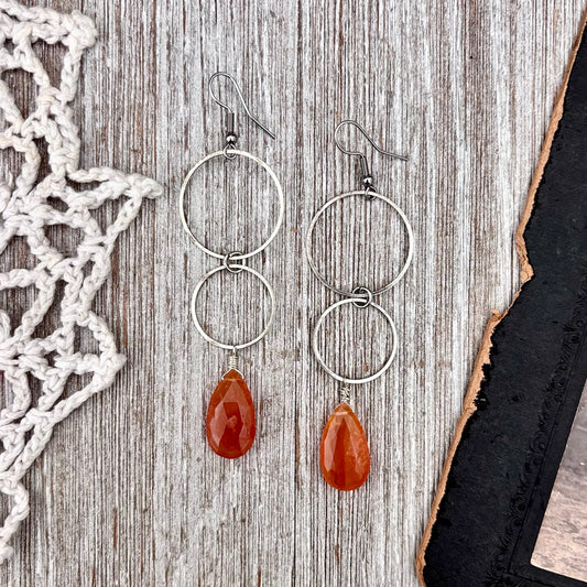 Stainless Steel Carnelian Hoop Earrings / Long Dangle Earrings