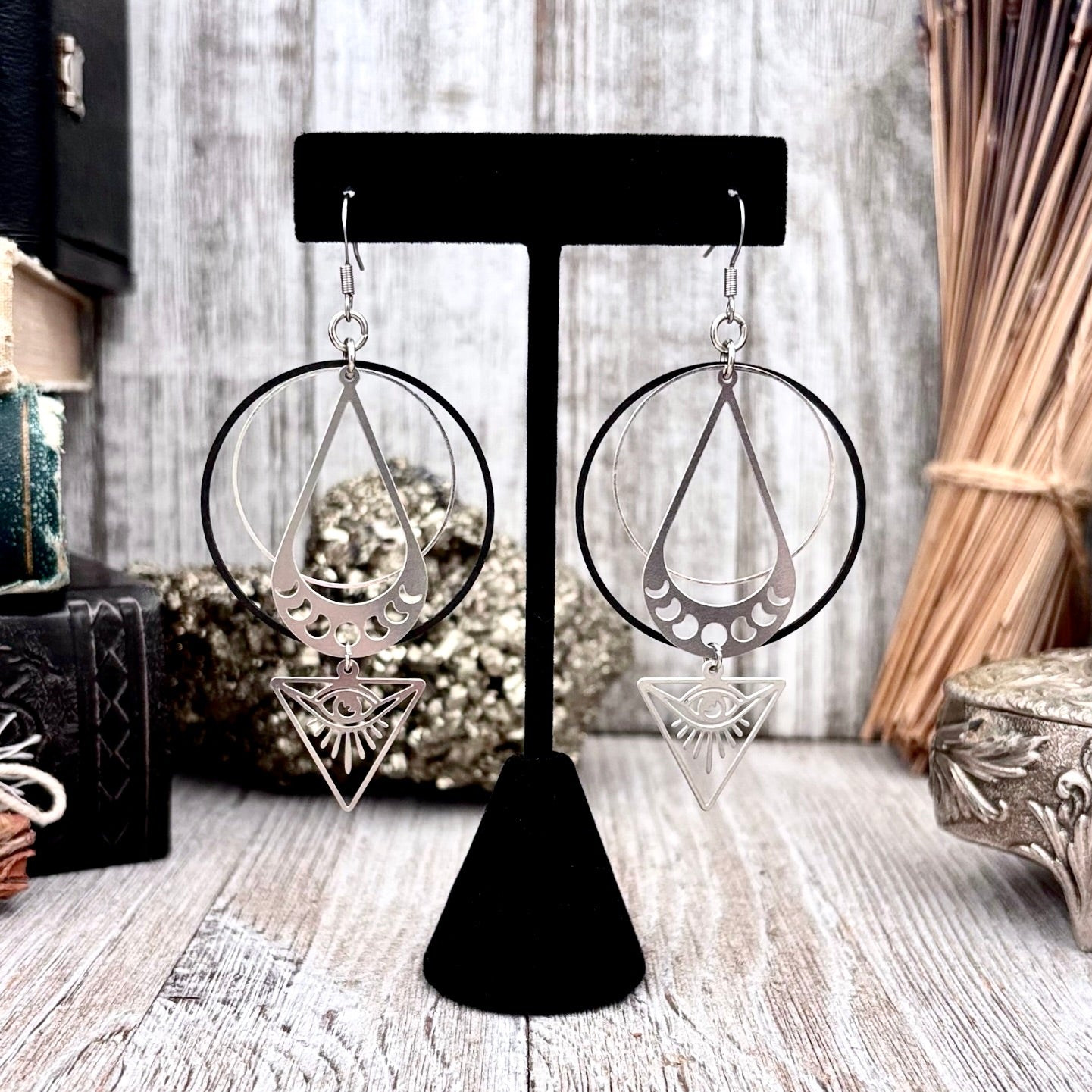 Stainless Steel All Seeing Eye Moon Phases Hoop Earrings / Long Dangle Earrings