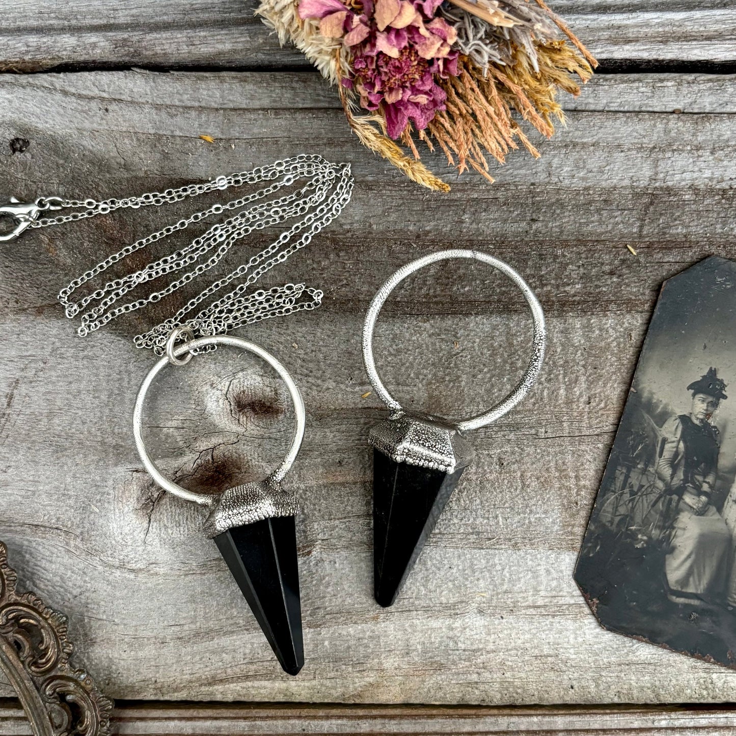 Black Obsidian Crystal Pendulum Necklace Pendant in Fine Silver / Foxlark Collection