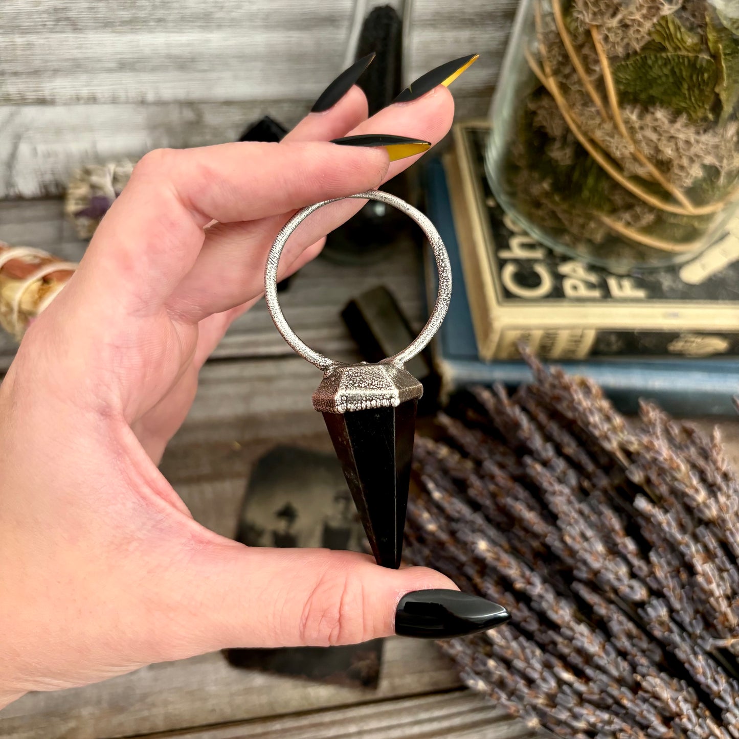 Black Obsidian Crystal Pendulum Necklace Pendant in Fine Silver / Foxlark Collection