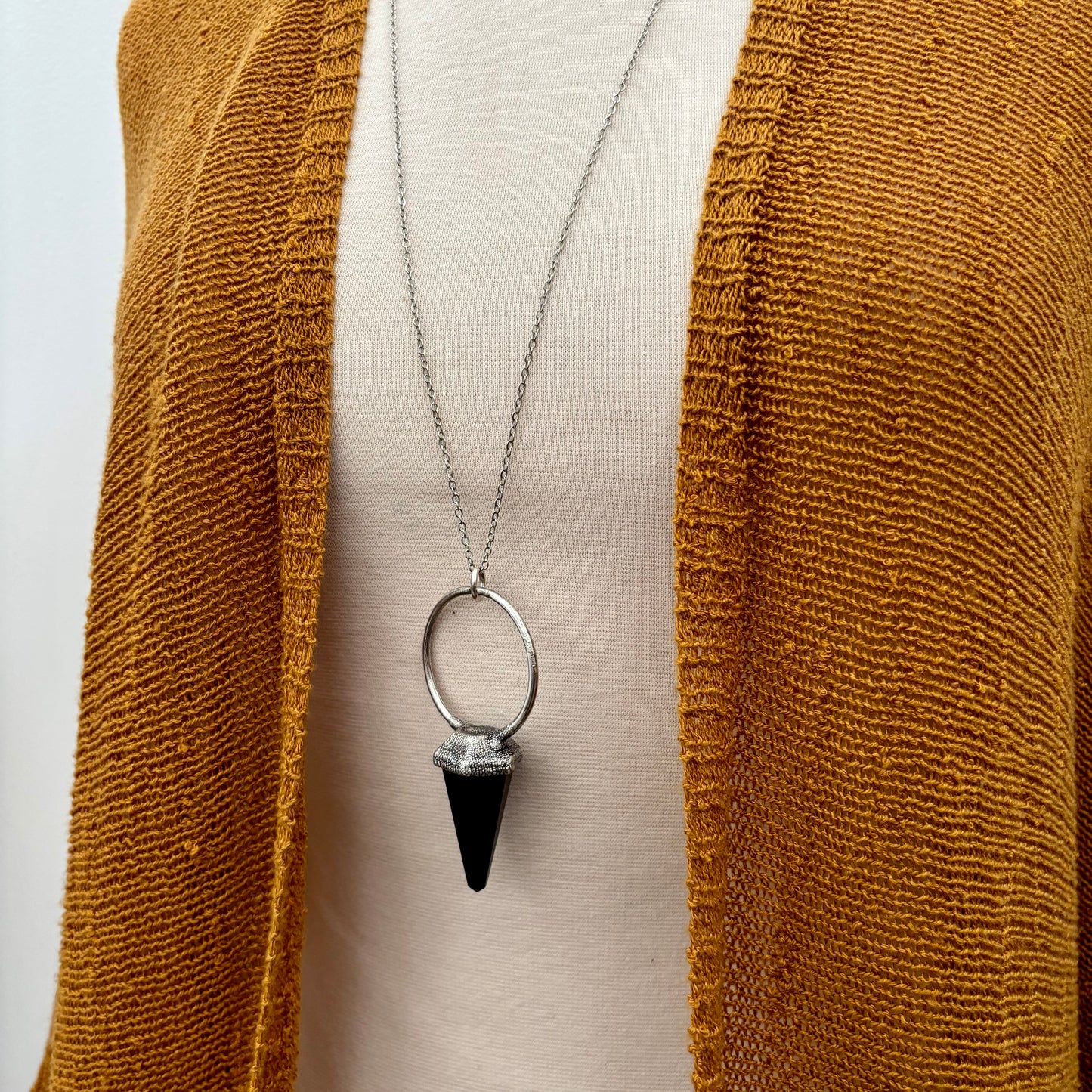 Black Obsidian Crystal Pendulum Necklace Pendant in Fine Silver / Foxlark Collection