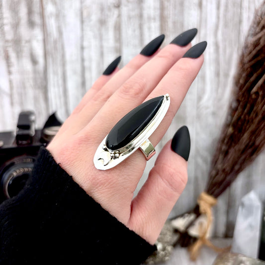 Black Onyx Ring in Sterling Silver Magic Moon Ring / Designed by FOXLARK Adjustable to Size 6 7 8 9 10 Big Goth Crystal Ring Witchy Jewelry