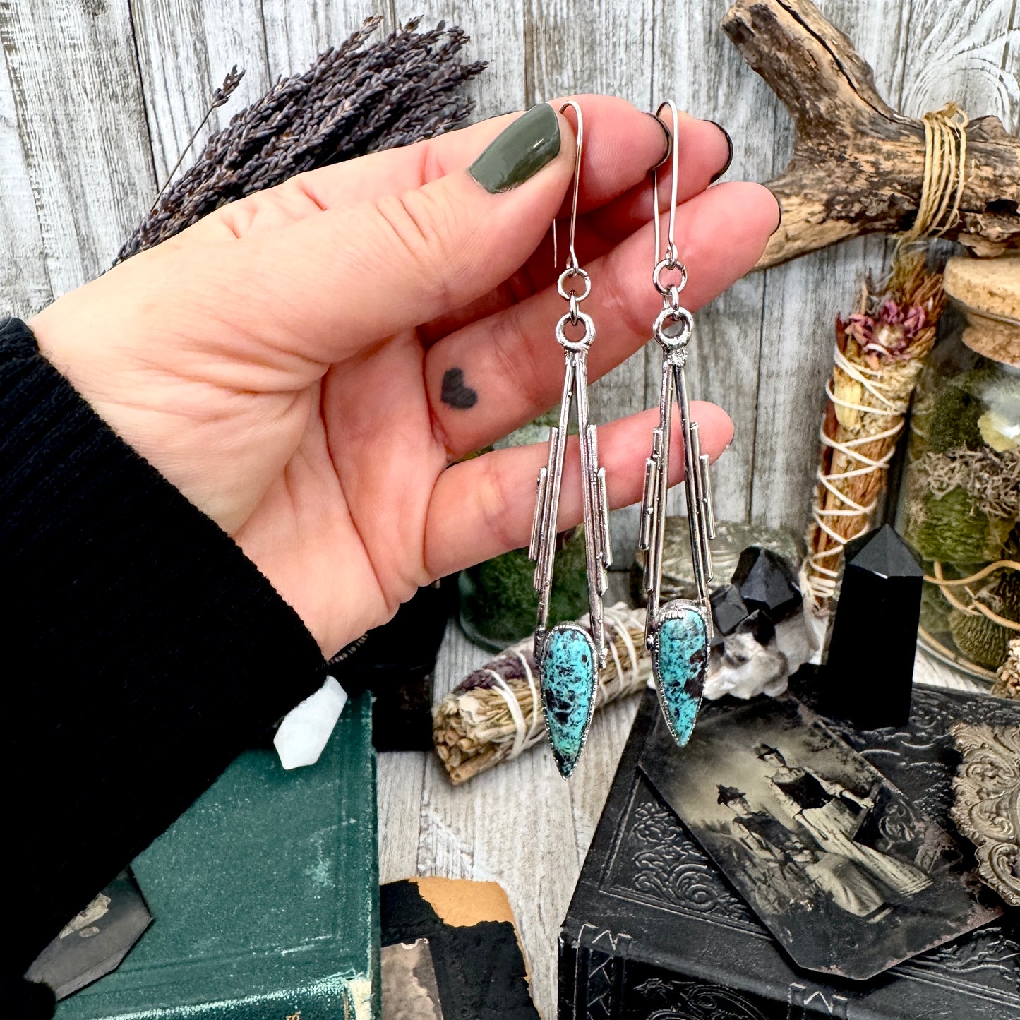 Tibetan Turquoise Dramatic Drop Earrings in Fine Silver