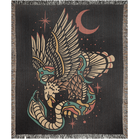 Cobra and Eagle Traditional Tattoo Style Woven Fringe Blanket / / Wall tapestry, throw for sofa, maximalist decor, tattoo home decor