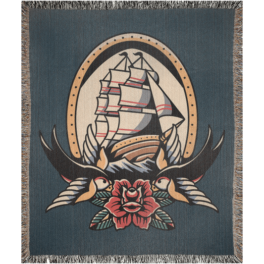 Pirate Ship Traditional Tattoo Style Woven Blanket