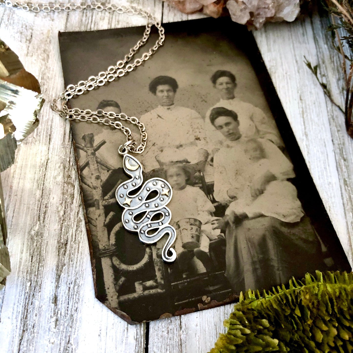 Tiny Talisman Collection - Sterling Silver Snake Pendant with Bronze Moon and Stars 33x15mm /.
