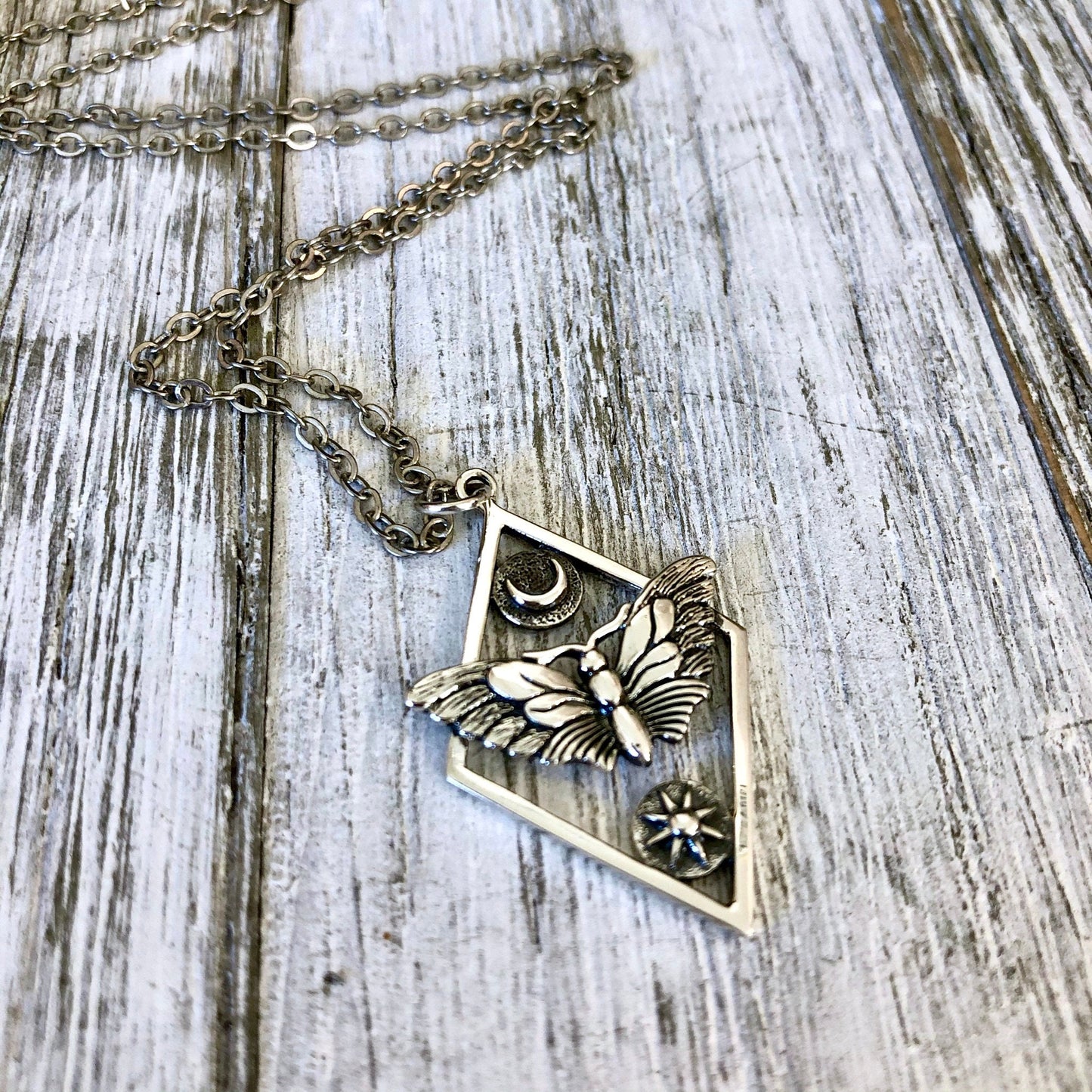Tiny Talisman Collection - Sterling Silver Geometric Moth Necklace with Sun and Moon 32x21mm /