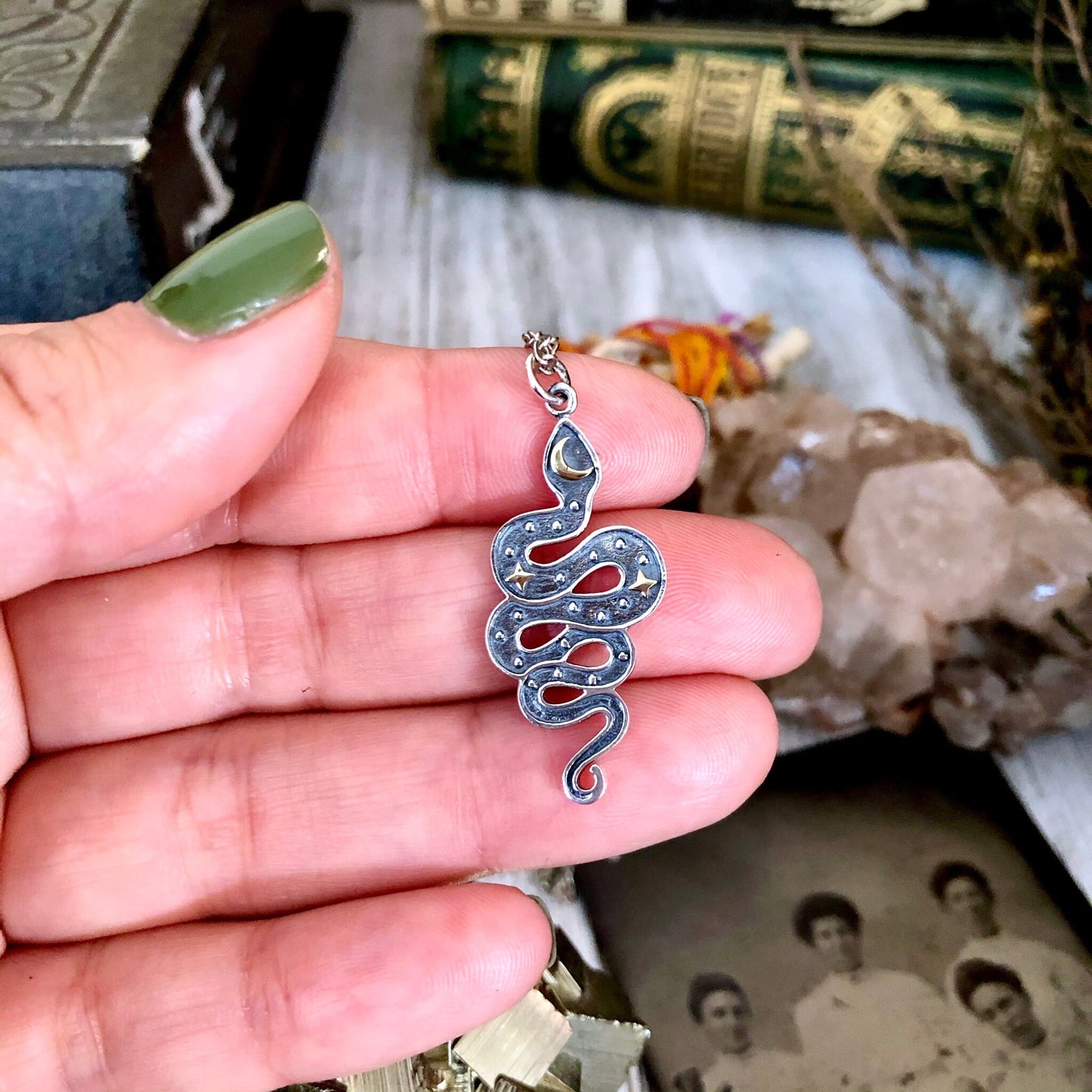 Tiny Talisman Collection - Sterling Silver Snake Pendant with Bronze Moon and Stars 33x15mm /.