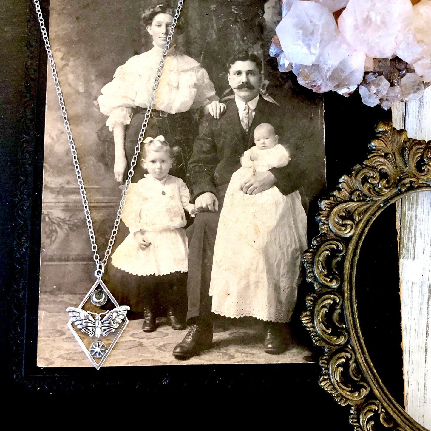 Tiny Talisman Collection - Sterling Silver Geometric Moth Necklace with Sun and Moon 32x21mm /