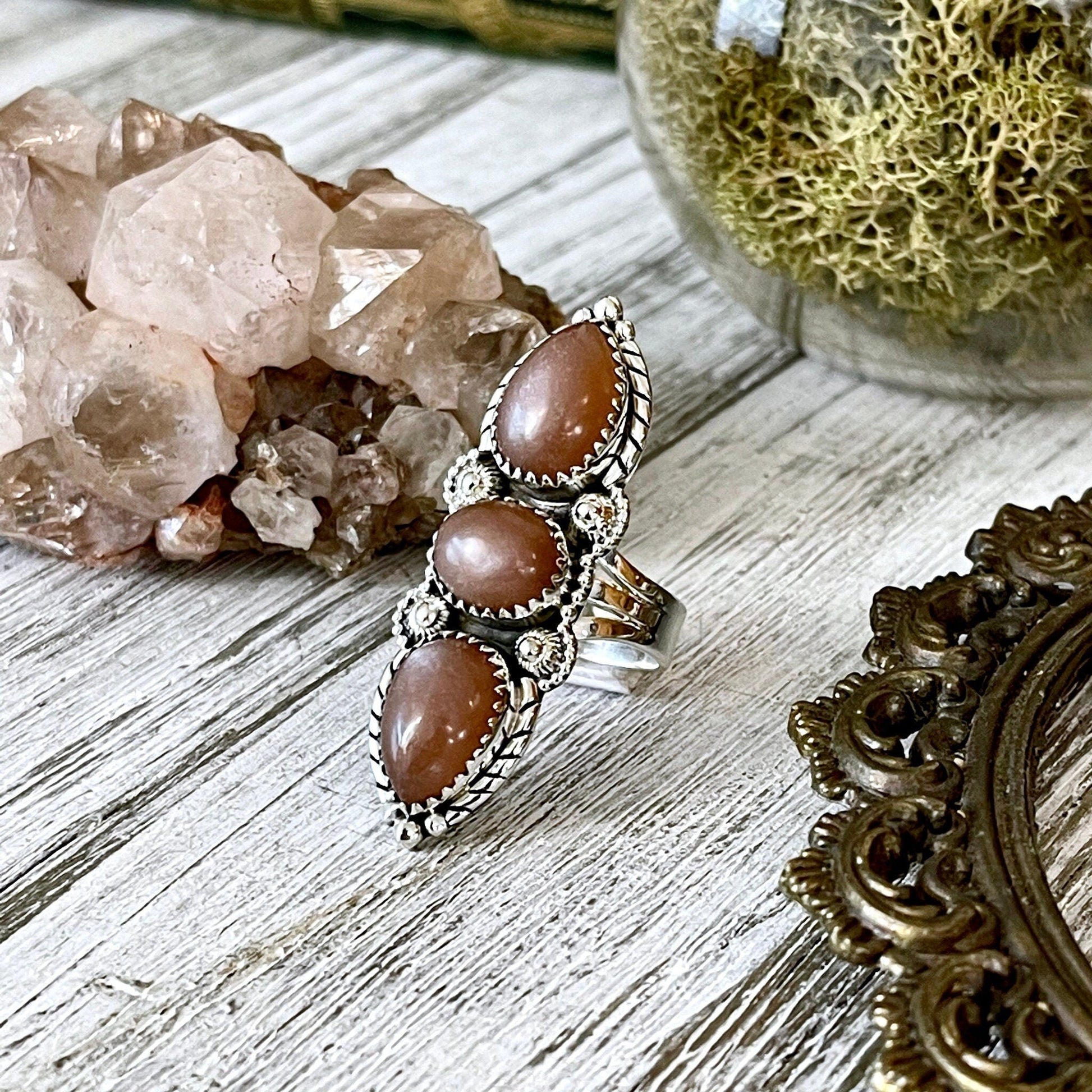 Three Stone Peach Moonstone Ring in Solid Sterling Silver- Designed by FOXLARK Collection Size 5 6 7 8 9 10 11