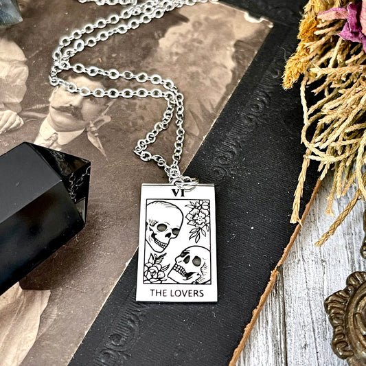 Tiny Talisman Collection - Sterling Silver Tarot Cart The Lovers Skull Necklace Charm 24x15mm /