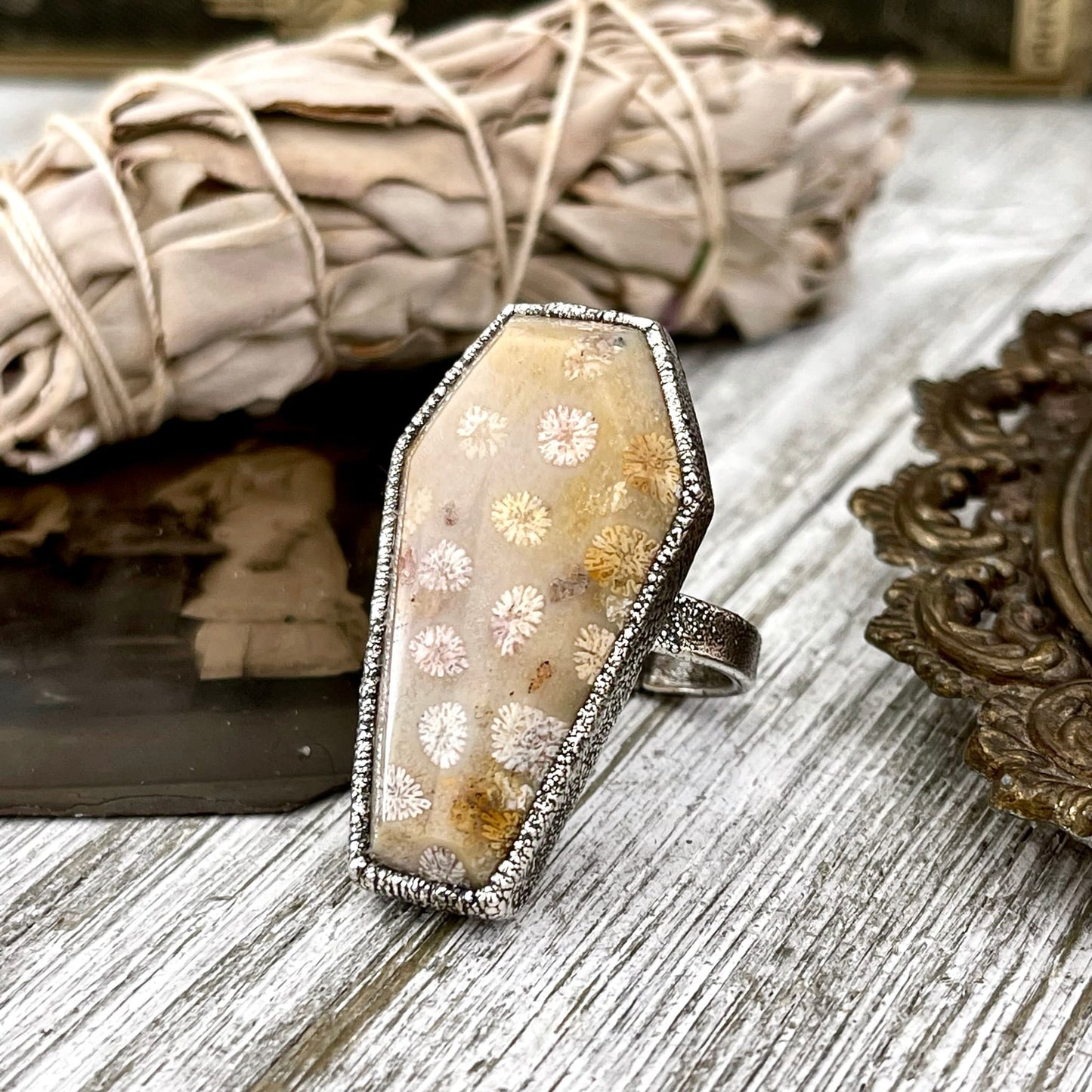 Size 9 Large Fossilized Coral Coffin Statement Ring in Fine Silver / Foxlark Collection - One of a Kind - Foxlark Crystal Jewelry