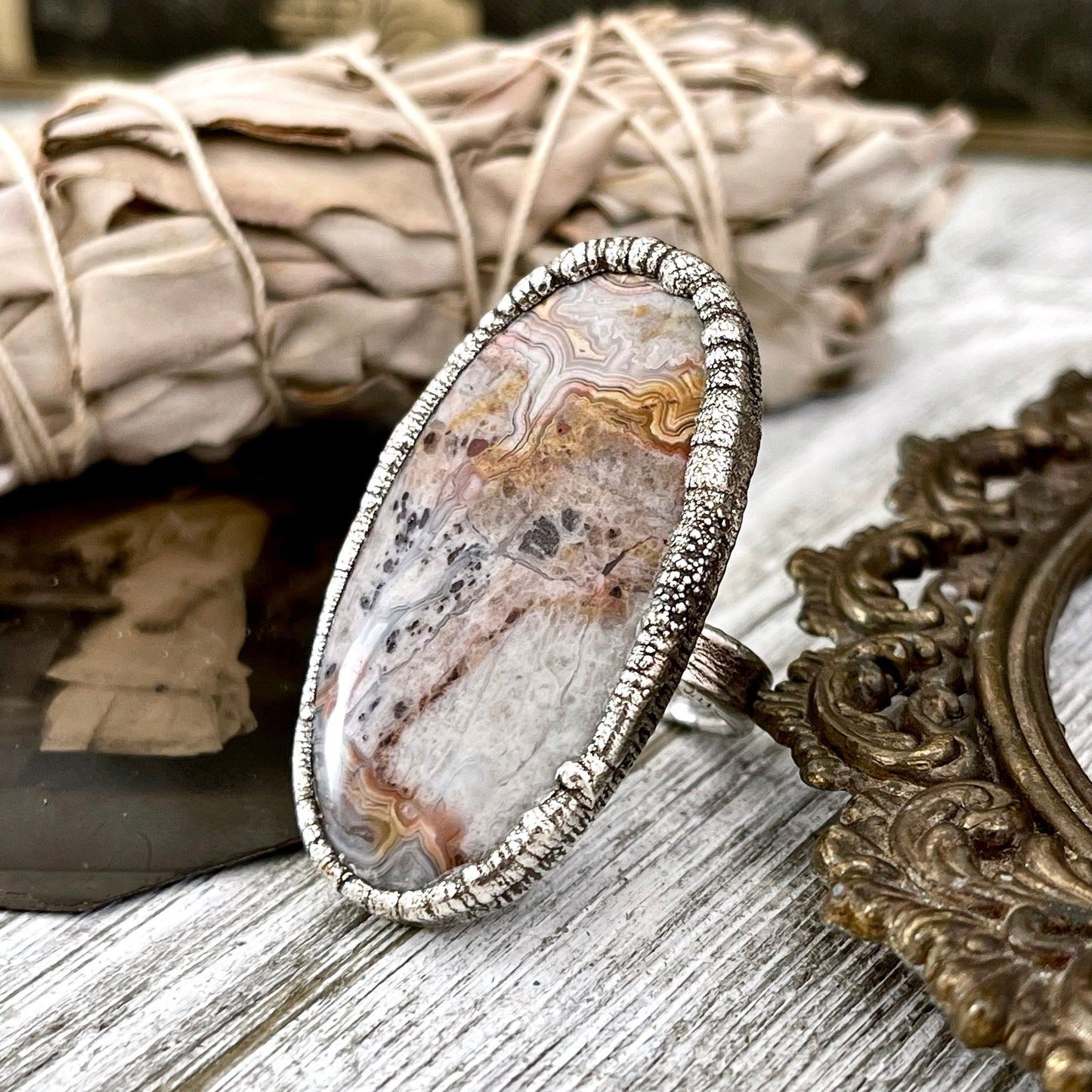 Size 7.5 Silver Natural Fancy Lace Agate Crystal Statement Ring / Foxlark Collection - One of a Kind - Foxlark Crystal Jewelry