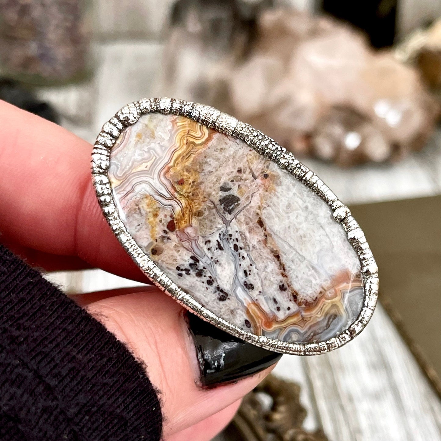 Size 7.5 Silver Natural Fancy Lace Agate Crystal Statement Ring / Foxlark Collection - One of a Kind - Foxlark Crystal Jewelry