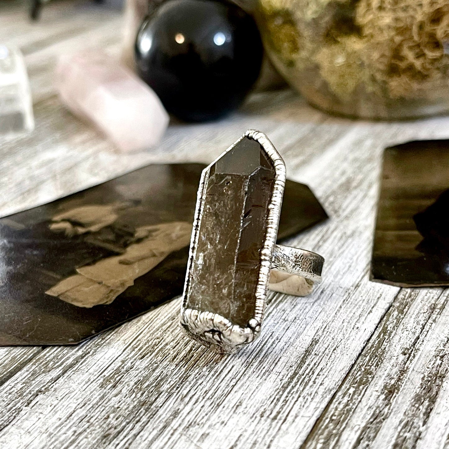 Size 7.5 Raw Smoky Quartz Crystal Cluster Ring Set in Fine Silver / Foxlark Collection - One of a Kind