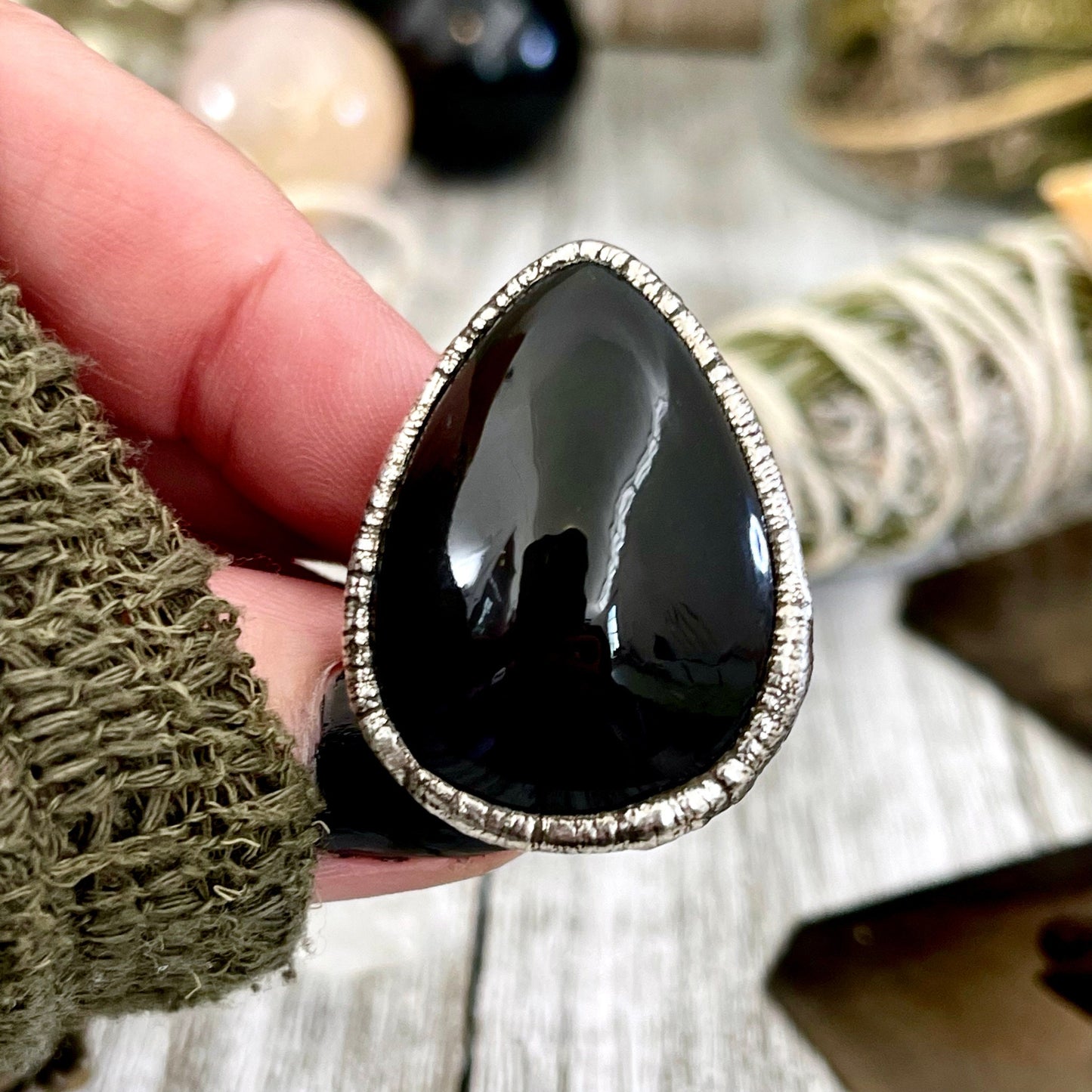 Size 6.5 Natural Black Obsidian Crystal Ring in Fine Silver / Foxlark Collection - One of a Kind // Big Stone Jewelry / Witchy Goth Punk