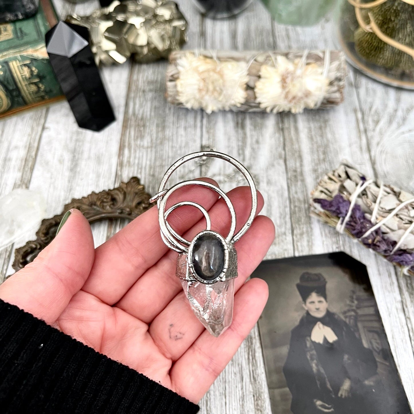 Large Clear Quartz Black Star Sunstone Crystal Necklace Pendant in Fine Silver / Witchy Necklace Goth Jewelry/ Witch Necklace / Gothic