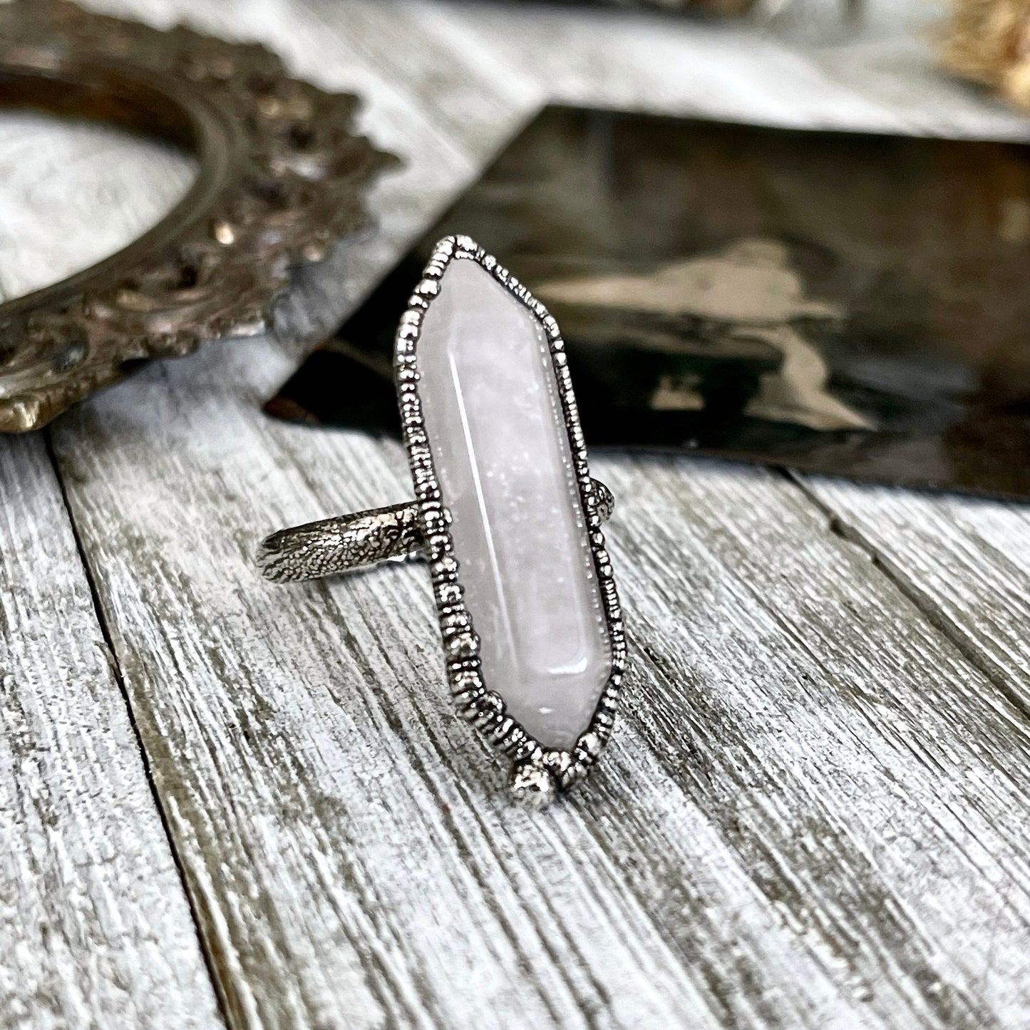 Size 8 Pink Rose Quartz Crystal Point Ring in Fine Silver / Foxlark Collection- One of a Kind / Big Crystal Ring Witchy Jewelry Alternative