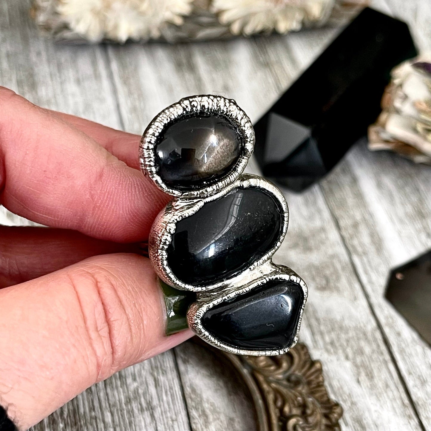 Size 7.5 Crystal Ring - Three Stone Black Onyx Black Star Sunstone Ring in Silver / Foxlark Collection - One of a Kind / Gothic Jewelry