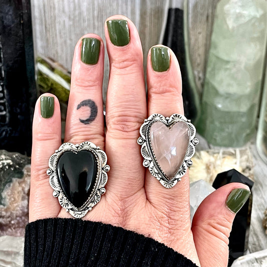 Imperfect* SIZE Adjustable - FLASH SALE - Sterling Silver Rose Quartz or Black Onyx Heart by Foxlark