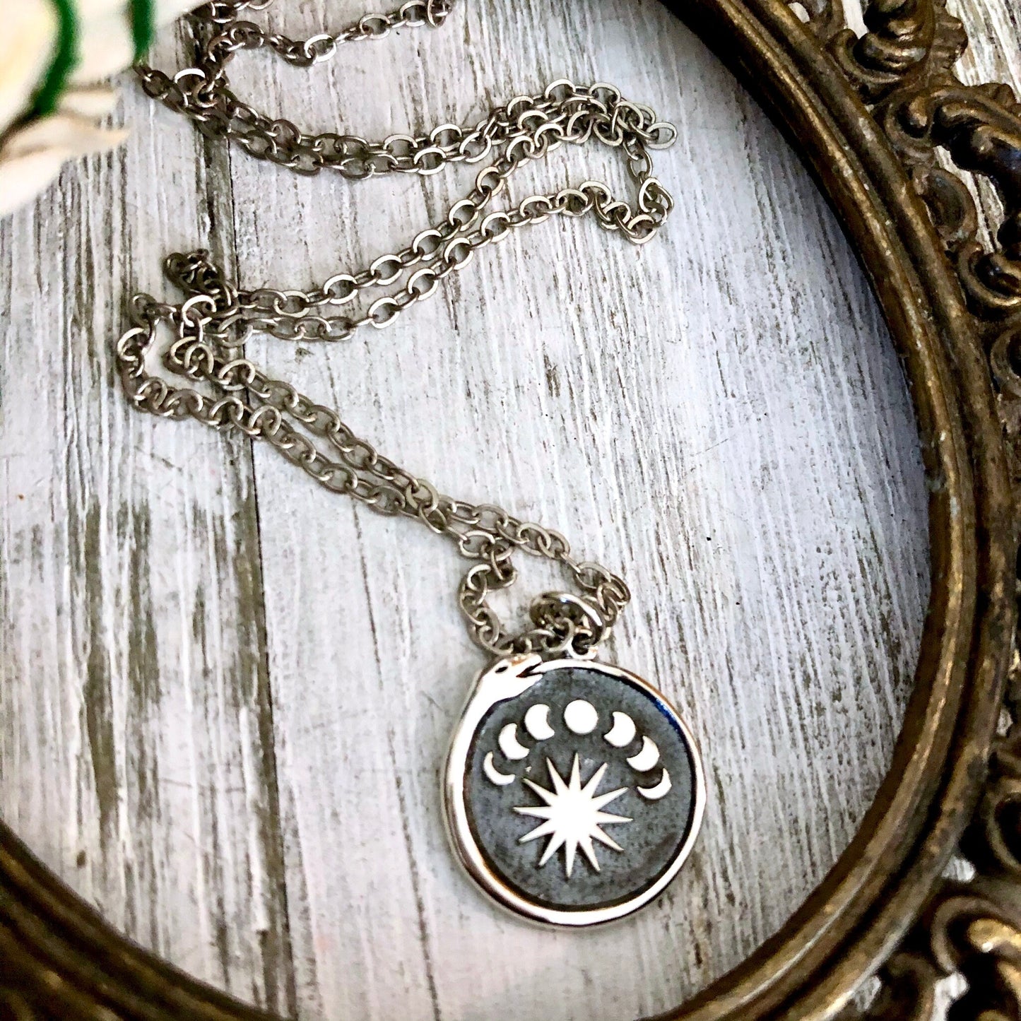 Tiny Talisman Collection - Sterling Silver Silver Ouroboros Snake. with Moon Phases Necklace Pendant 15mm /.