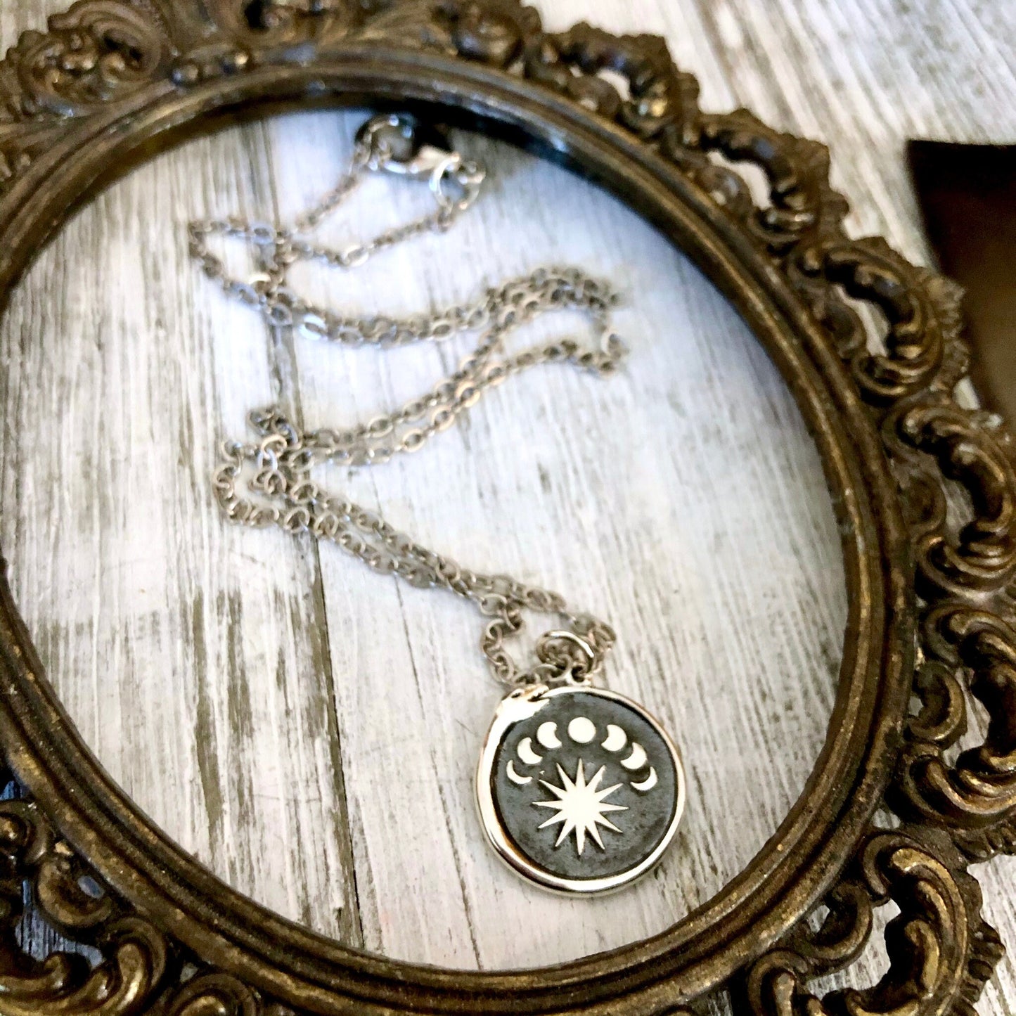 Tiny Talisman Collection - Sterling Silver Silver Ouroboros Snake. with Moon Phases Necklace Pendant 15mm /.