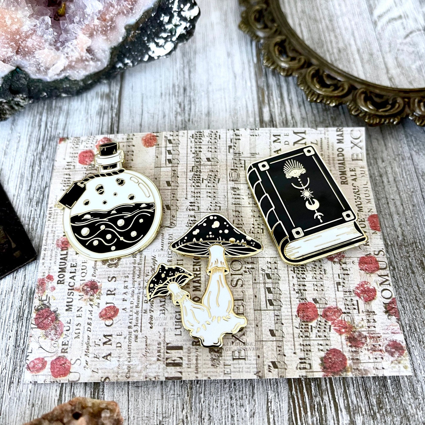 Witchy Pin Set - Set Of 3 Witchy Enamel Pins- Mushroom Pin, Potion Bottle Pin, Witch Pin , Book Pin.