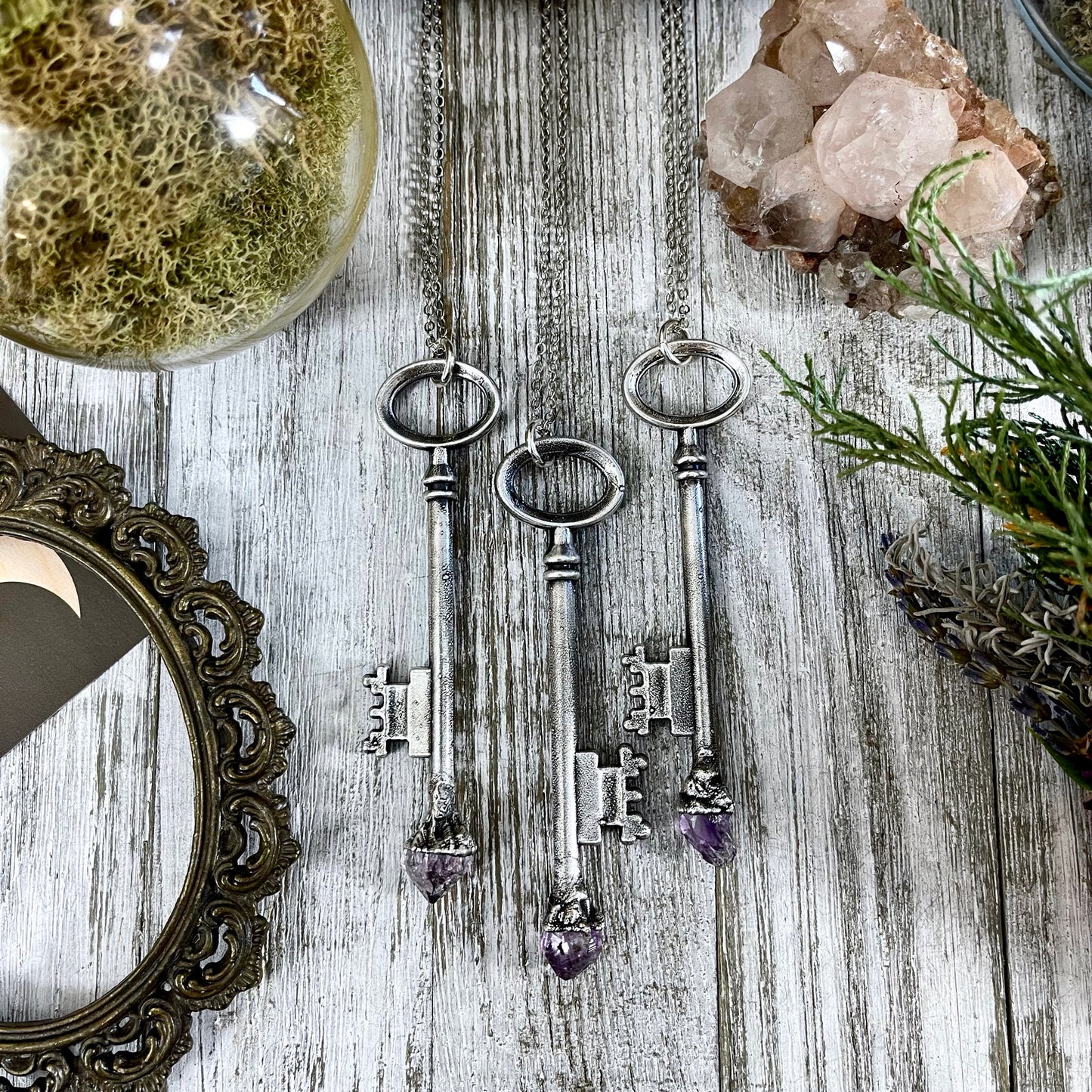 Raw Amethyst Crystal Vintage Skeleton Key Necklace Pendant in Fine Silver / Foxlark Collection - One of a Kind.