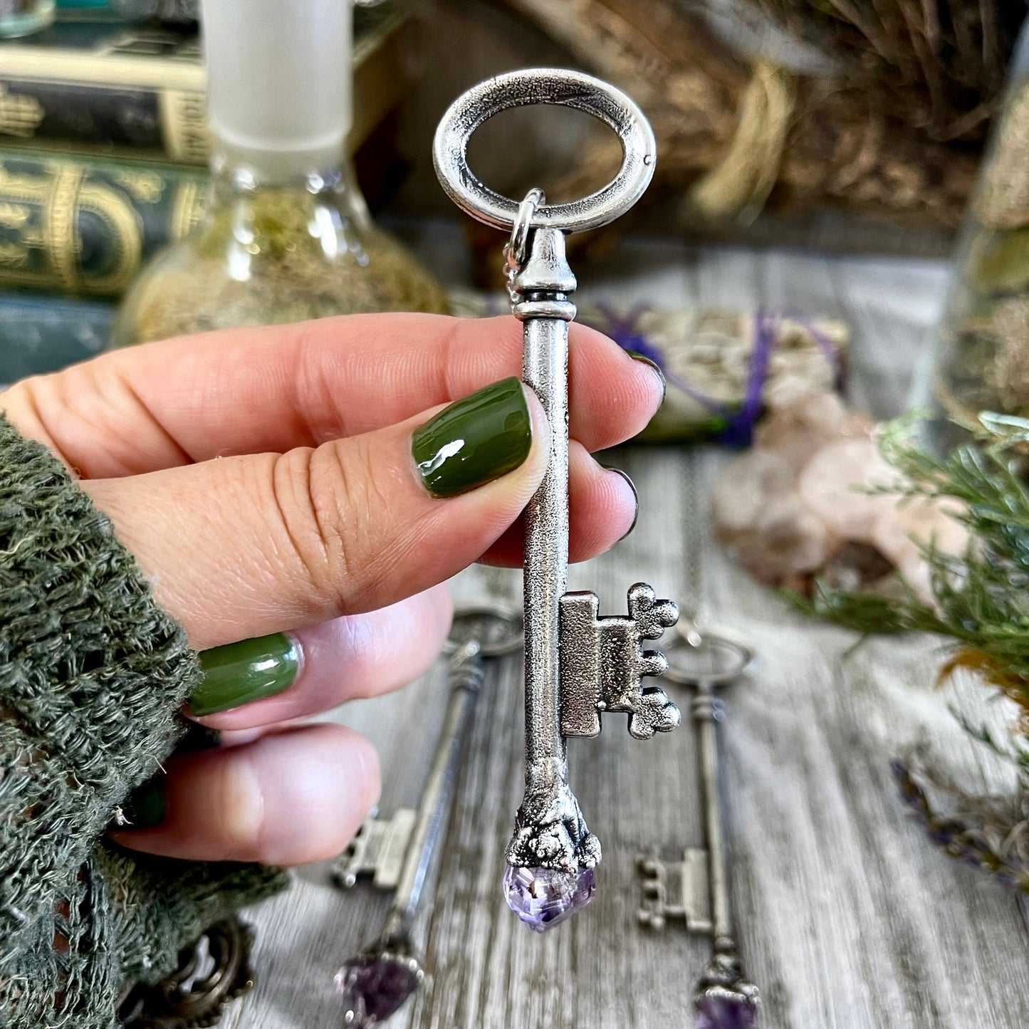 Raw Amethyst Crystal Vintage Skeleton Key Necklace Pendant in Fine Silver / Foxlark Collection - One of a Kind.