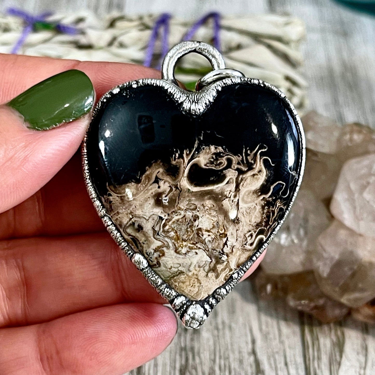 Bohemian Fashion, Bohemian Jewelry, Crystal Heart, Crystal Jewelry, Crystal Necklace, Crystal Necklaces, Crystal pendant, Etsy ID: 1124086920, Fossilized Palm Root, FOXLARK- NECKLACES, Healing Crystal, Heart Necklace, Jewelry, Jewelry For Woman, Necklaces