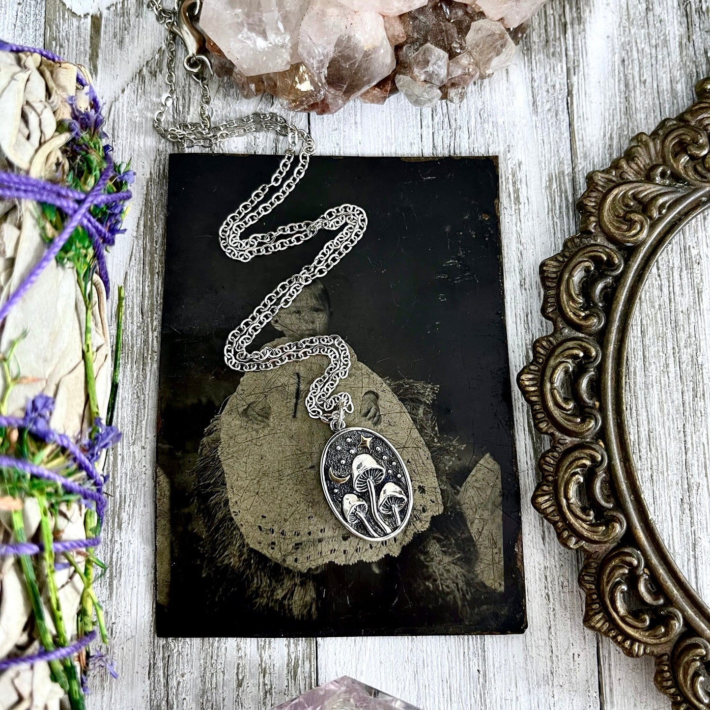 Tiny Talisman Collection - Silver Mushroom with Bronze Star and Moon Necklace 26x15mm /.