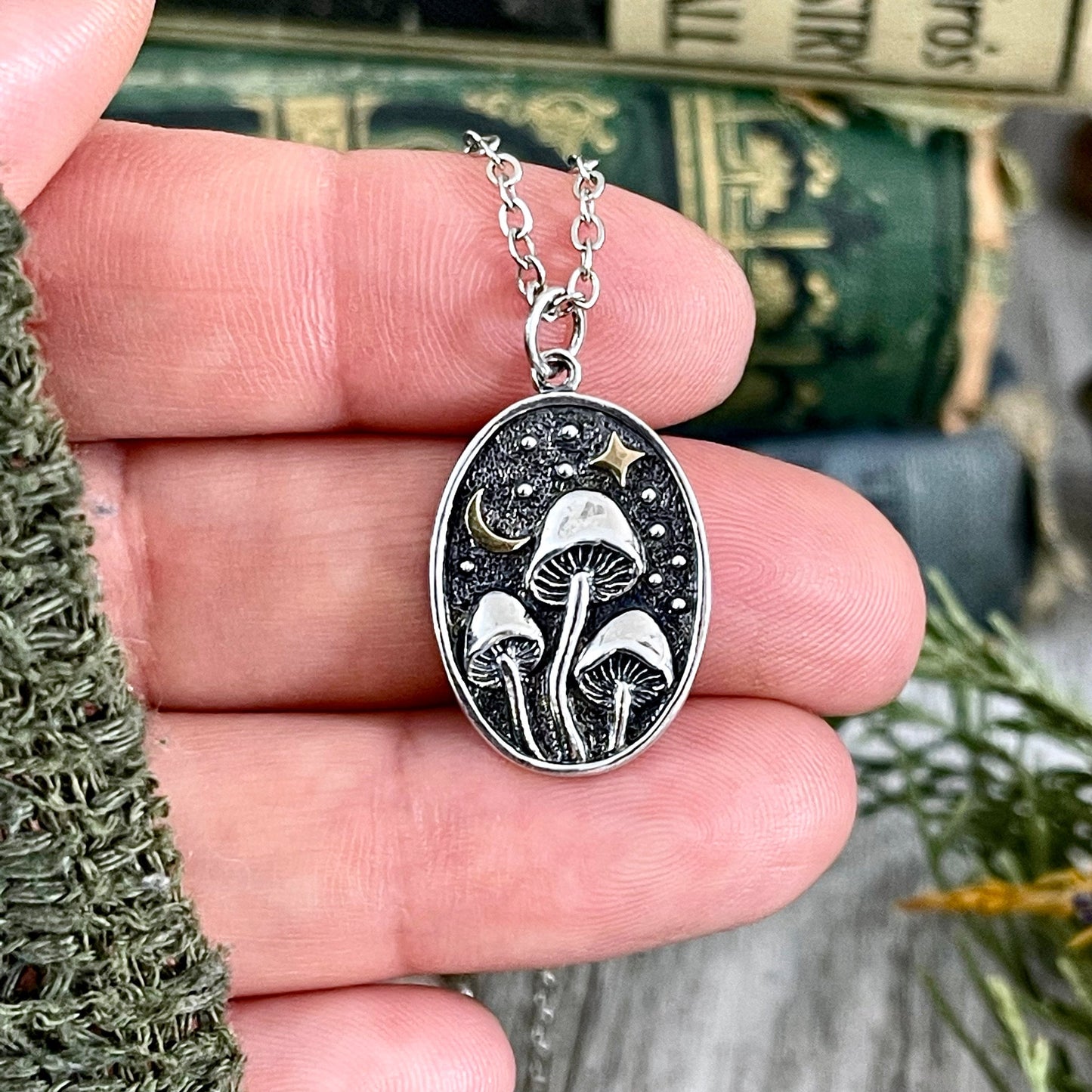 Tiny Talisman Collection - Silver Mushroom with Bronze Star and Moon Necklace 26x15mm /.