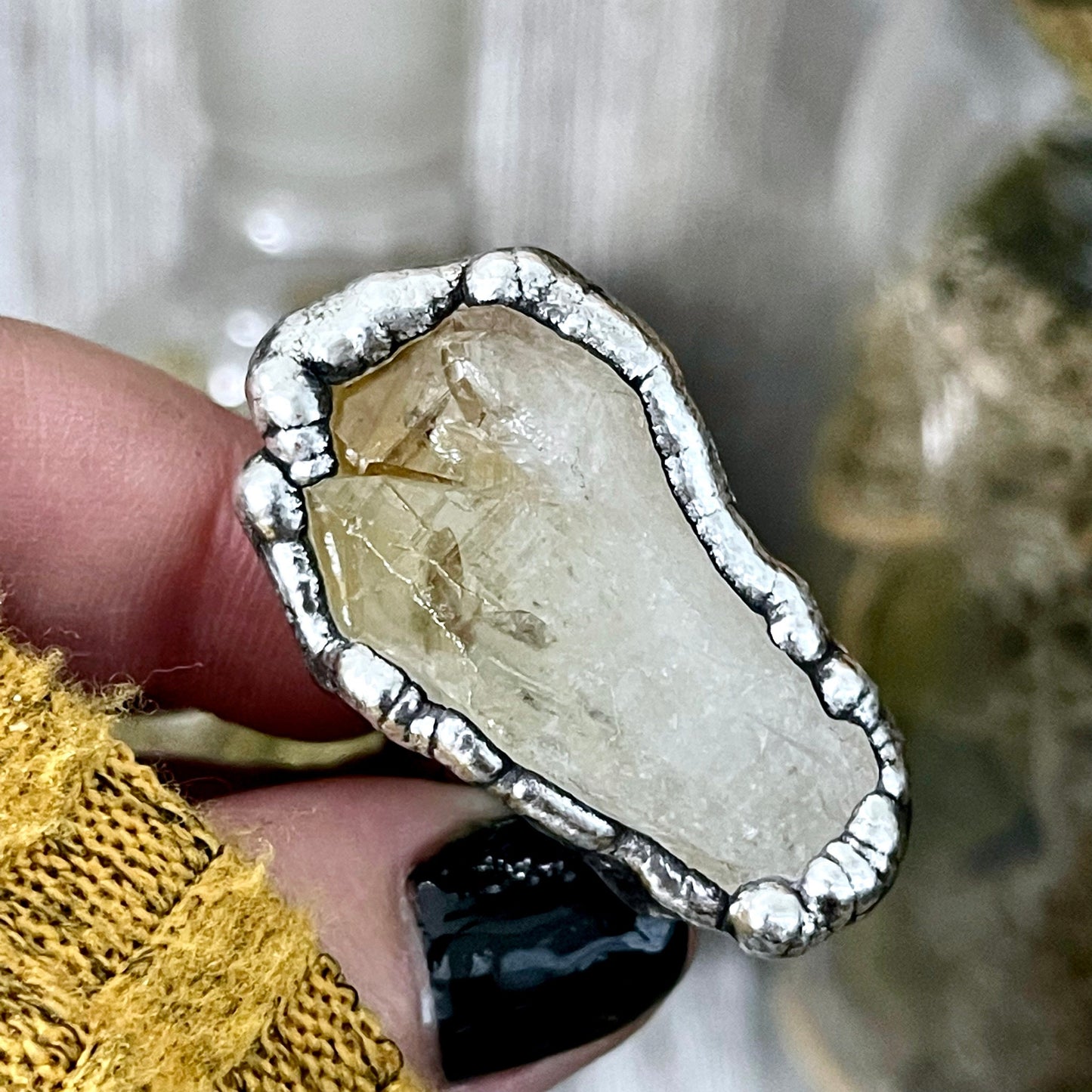 Size 8 Raw Citrine Crystal Point Ring Set in Fine Silver / Foxlark Collection - One of a Kind.