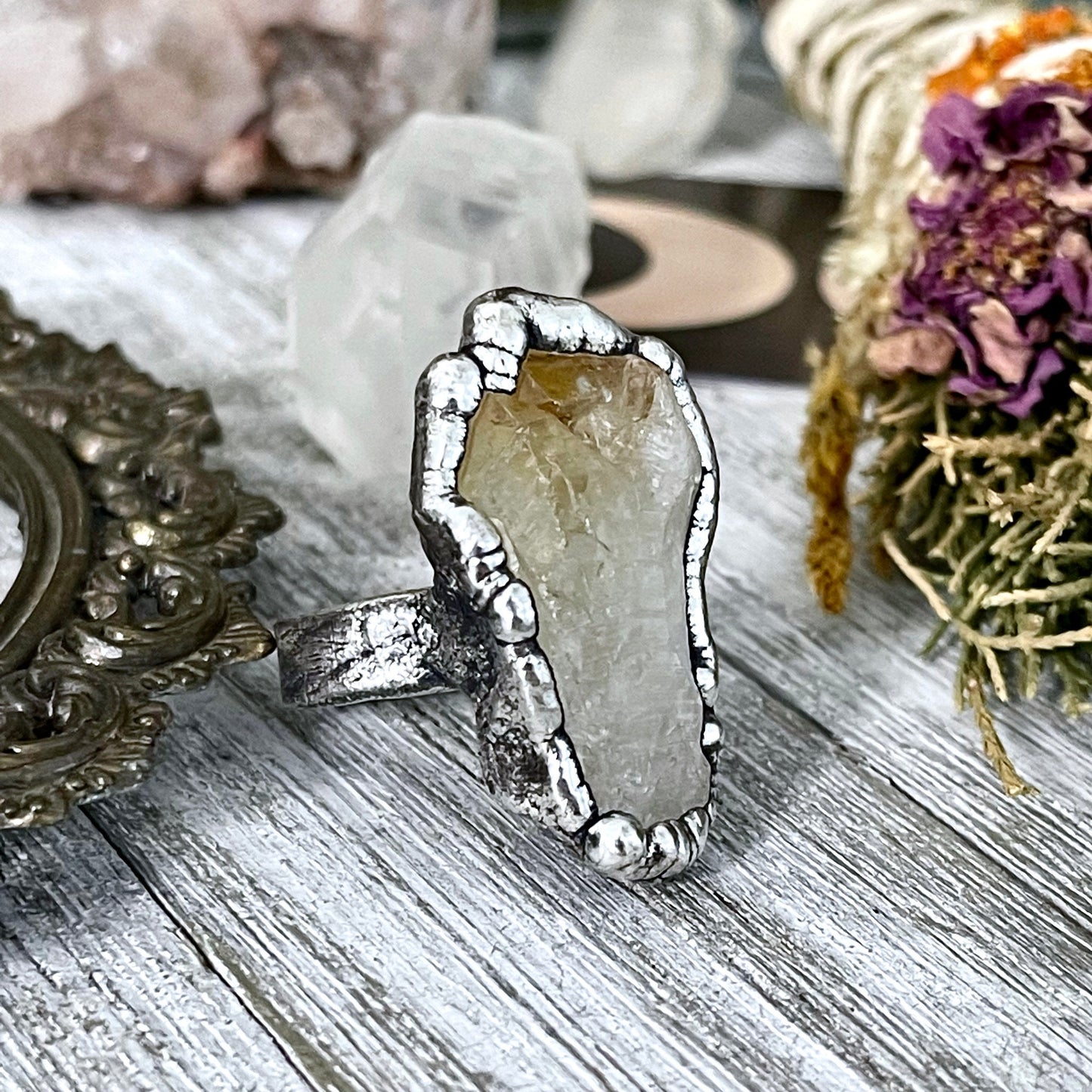 Size 8 Raw Citrine Crystal Point Ring Set in Fine Silver / Foxlark Collection - One of a Kind.