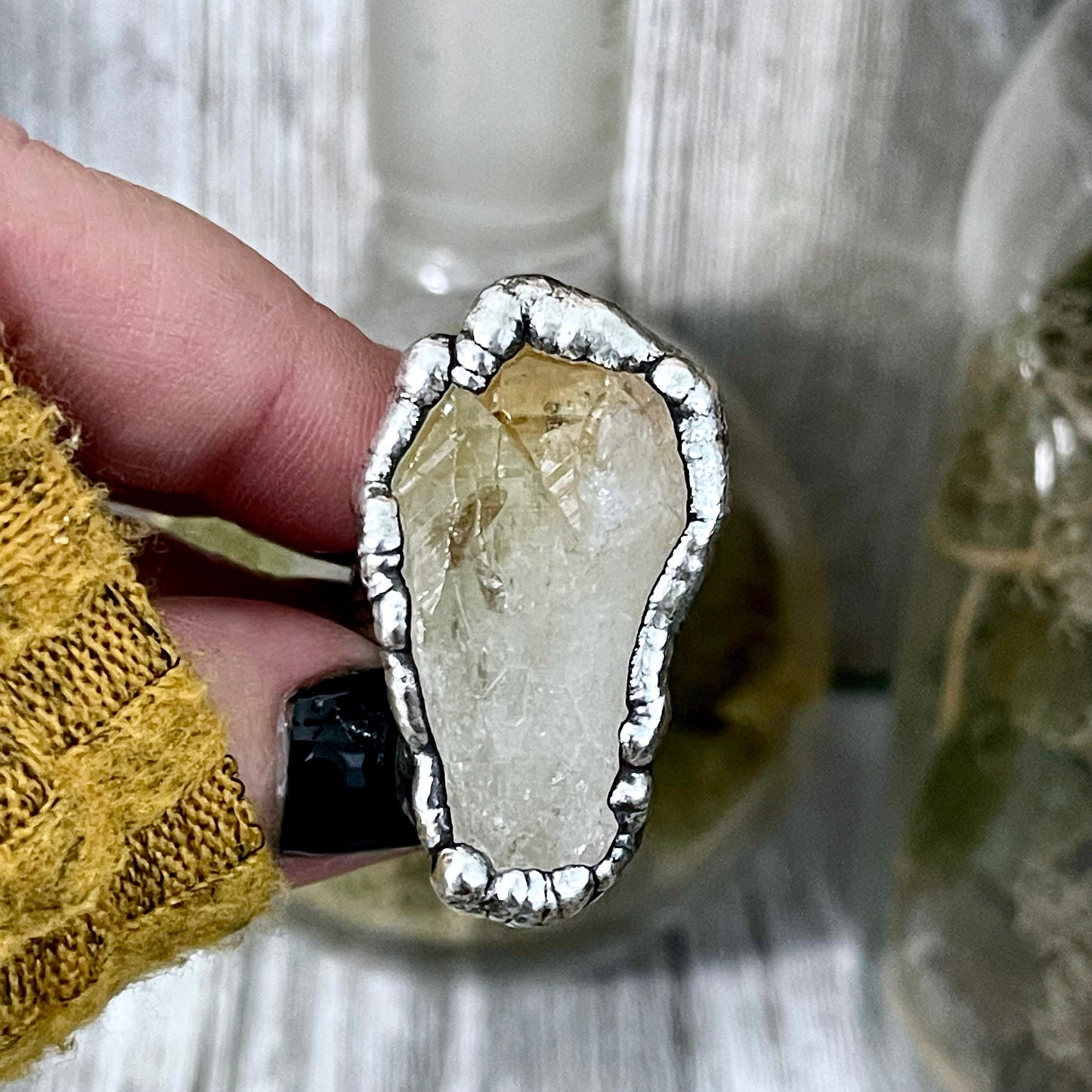 Size 8 Raw Citrine Crystal Point Ring Set in Fine Silver / Foxlark Collection - One of a Kind.