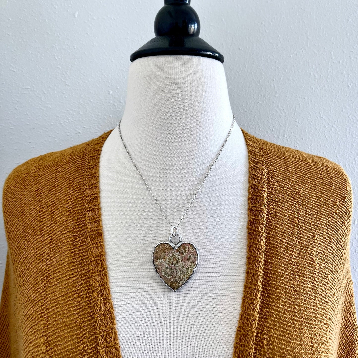 Big Fossilized Coral Heart Necklace in Fine Silver / Foxlark Collection - One of a Kind.