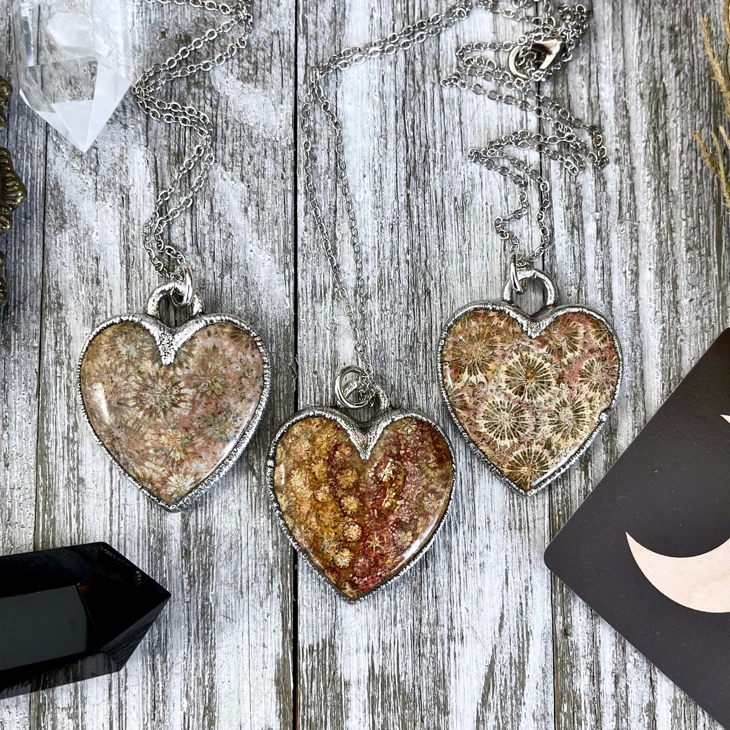 Big Fossilized Coral Heart Necklace in Fine Silver / Foxlark Collection - One of a Kind.