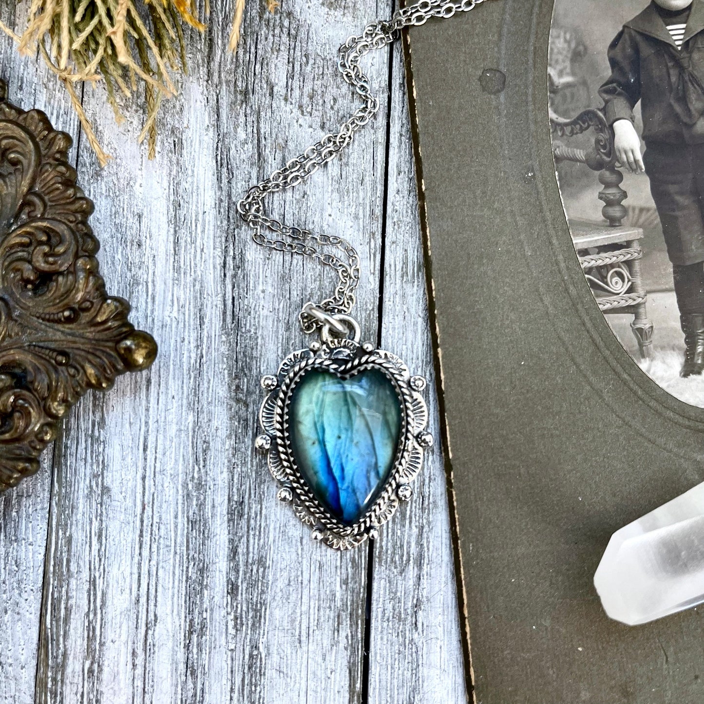 Blue Labradorite Crystal Heart Necklace in Sterling Silver -Designed by FOXLARK Collection.
