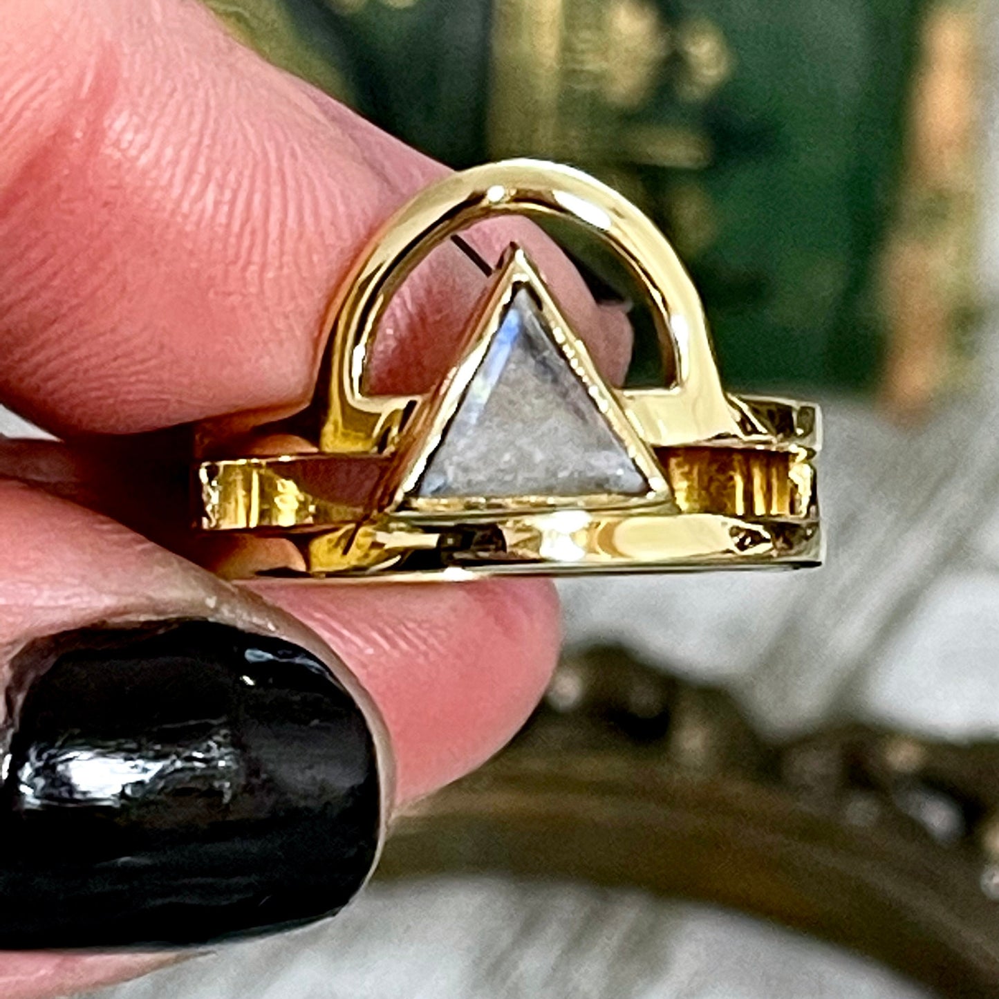 Beautiful Rainbow Moonstone Statement Ring Set in Brass Size 8 9 10 / Curated by FOXLARK Collection.