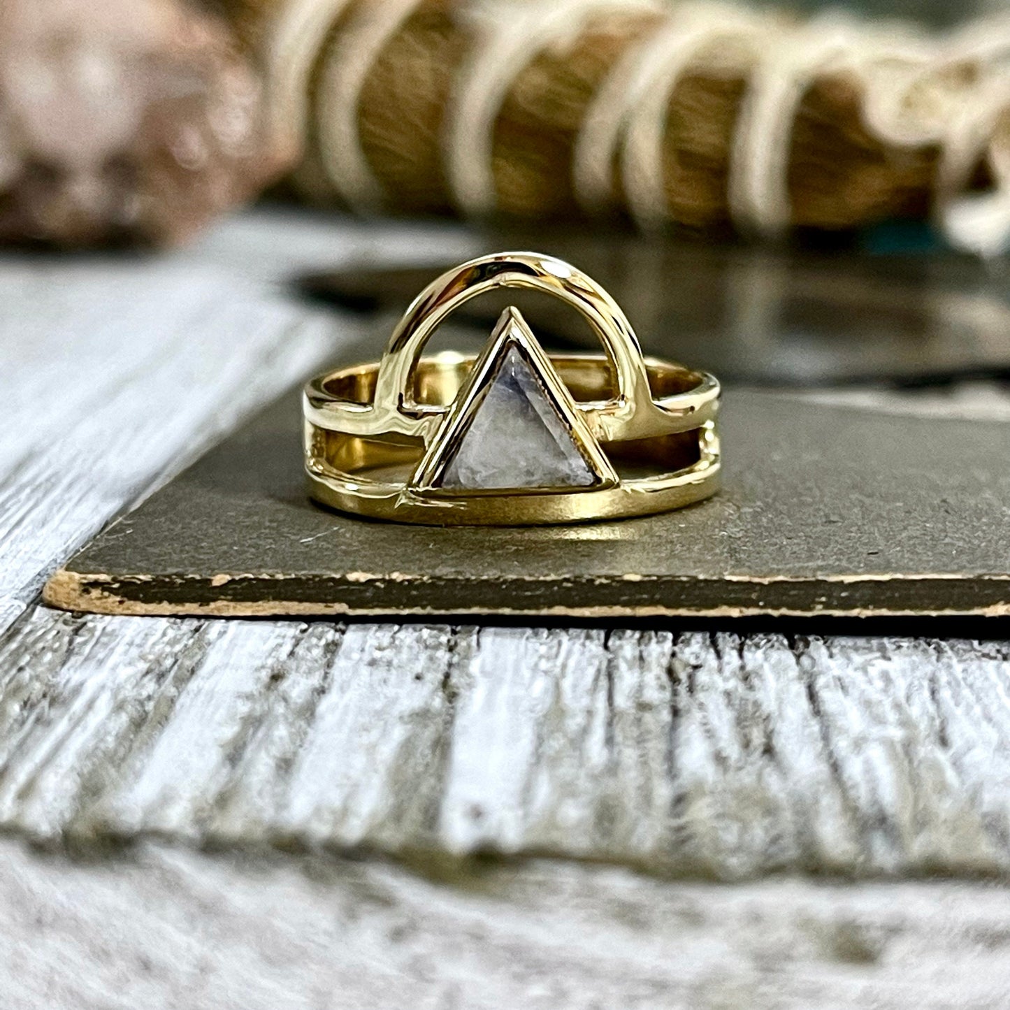 Beautiful Rainbow Moonstone Statement Ring Set in Brass Size 8 9 10 / Curated by FOXLARK Collection.