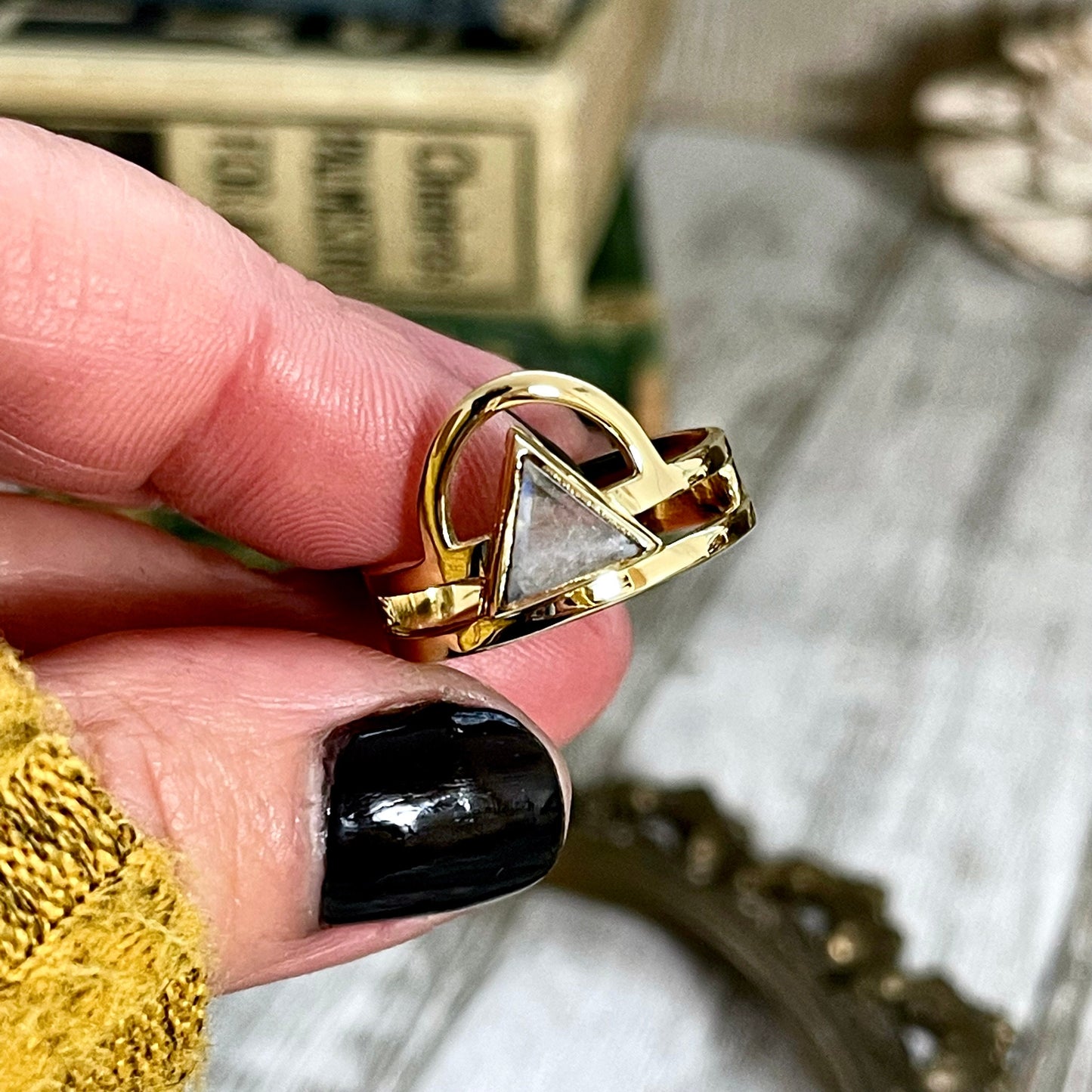 Beautiful Rainbow Moonstone Statement Ring Set in Brass Size 8 9 10 / Curated by FOXLARK Collection.