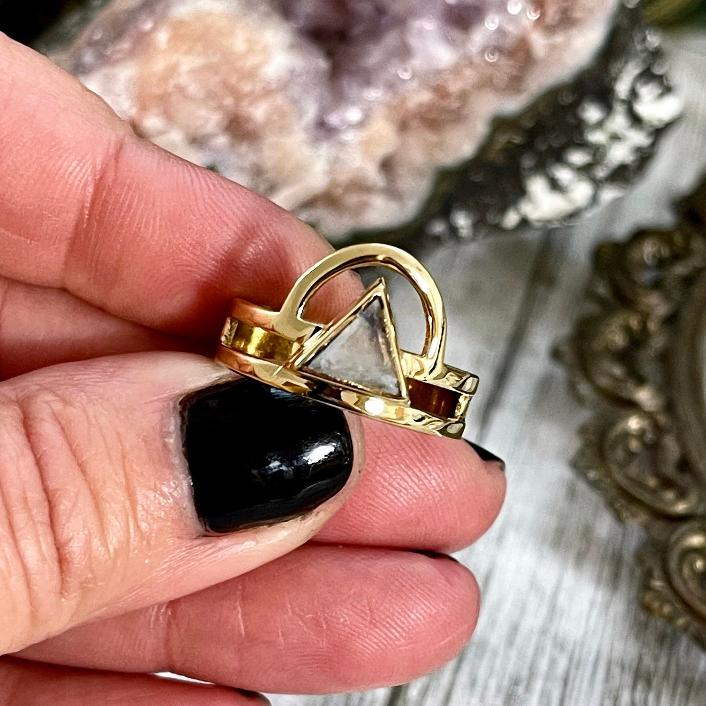 Beautiful Rainbow Moonstone Statement Ring Set in Brass Size 8 9 10 / Curated by FOXLARK Collection.