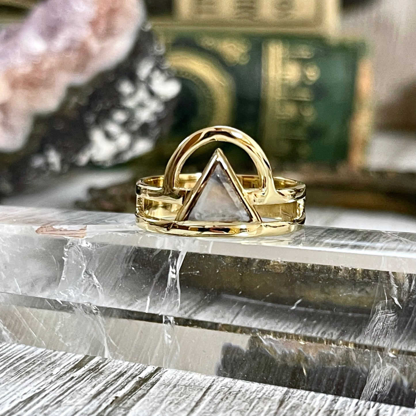 Beautiful Rainbow Moonstone Statement Ring Set in Brass Size 8 9 10 / Curated by FOXLARK Collection.