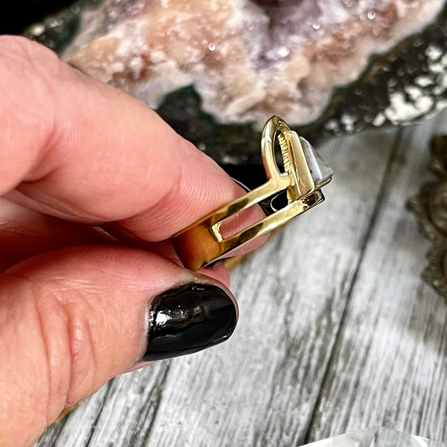 Beautiful Rainbow Moonstone Statement Ring Set in Brass Size 8 9 10 / Curated by FOXLARK Collection.