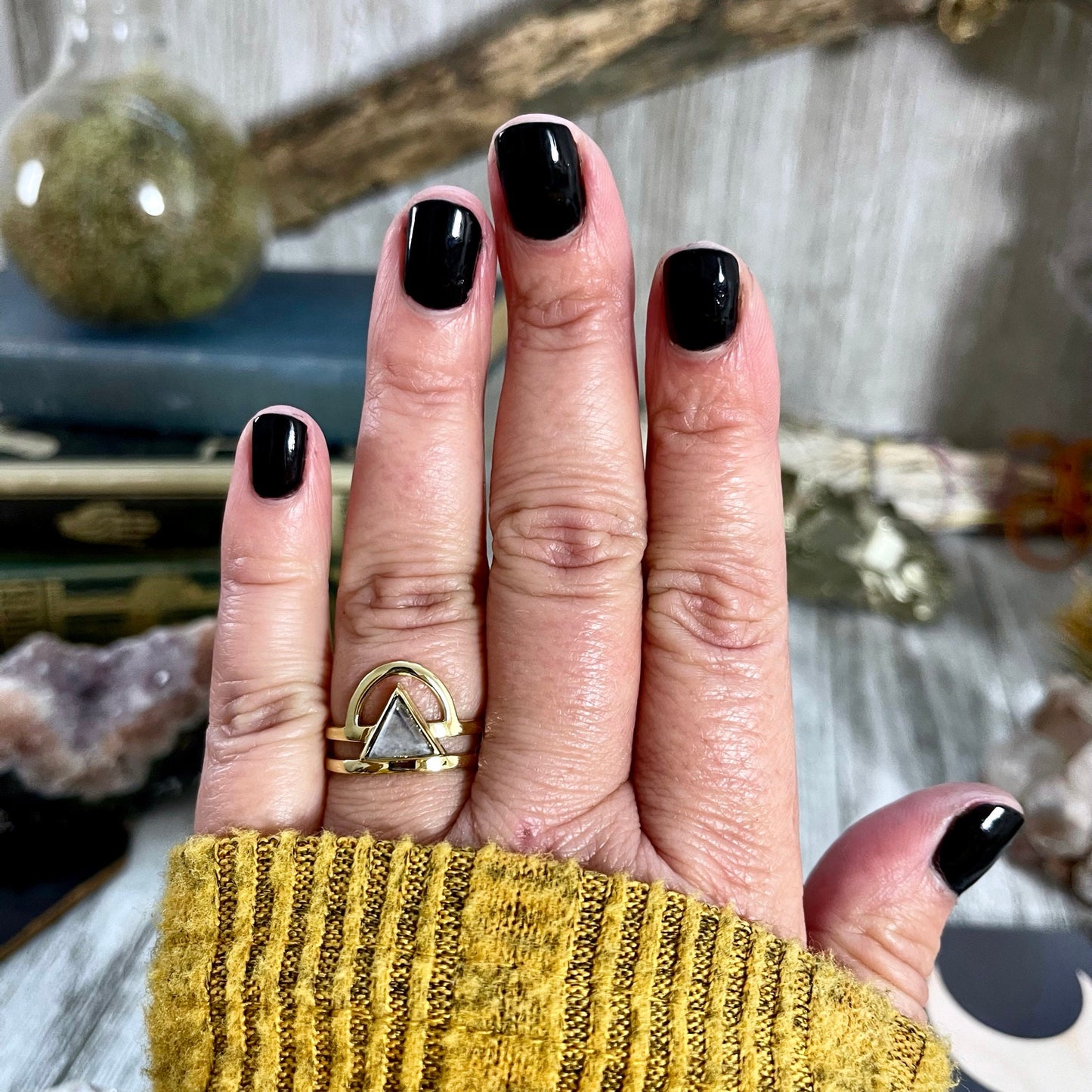 Beautiful Rainbow Moonstone Statement Ring Set in Brass Size 8 9 10 / Curated by FOXLARK Collection.