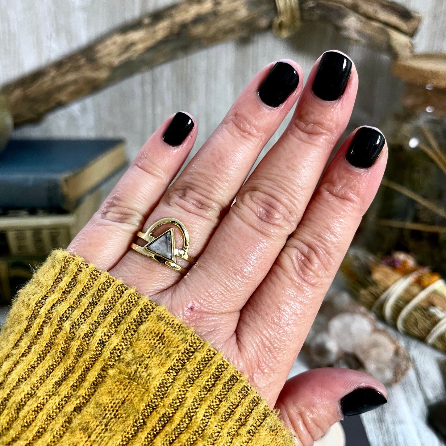 Beautiful Rainbow Moonstone Statement Ring Set in Brass Size 8 9 10 / Curated by FOXLARK Collection.