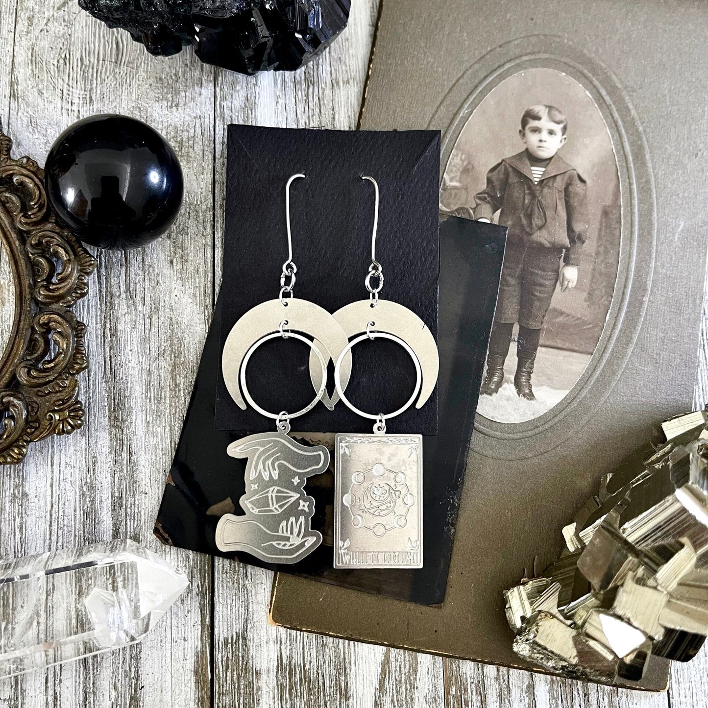Mismatch Crescent Moon Earrings Witchy Tarot Card Crystal Sterling Silver & Stainless Steel Earrings / Long Dangly Goth Witch Jewelry.