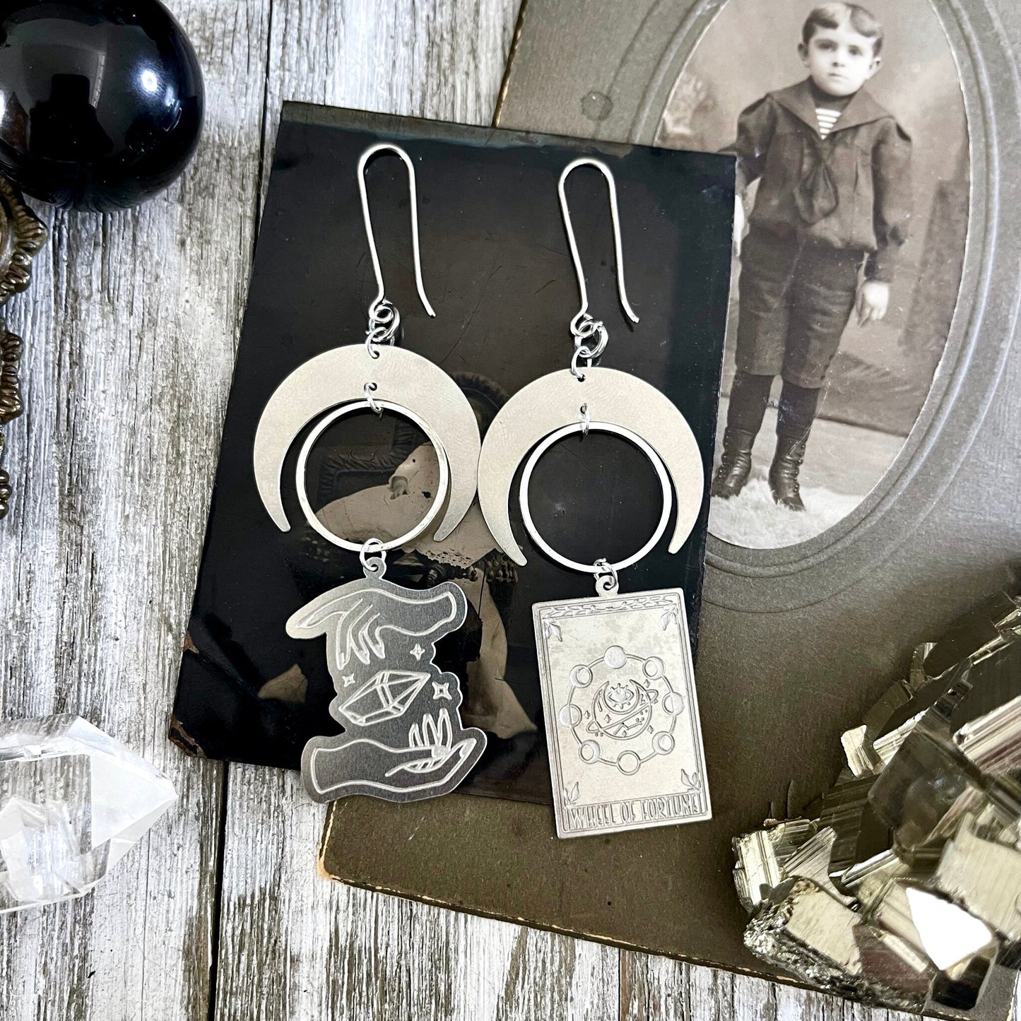 Mismatch Crescent Moon Earrings Witchy Tarot Card Crystal Sterling Silver & Stainless Steel Earrings / Long Dangly Goth Witch Jewelry.