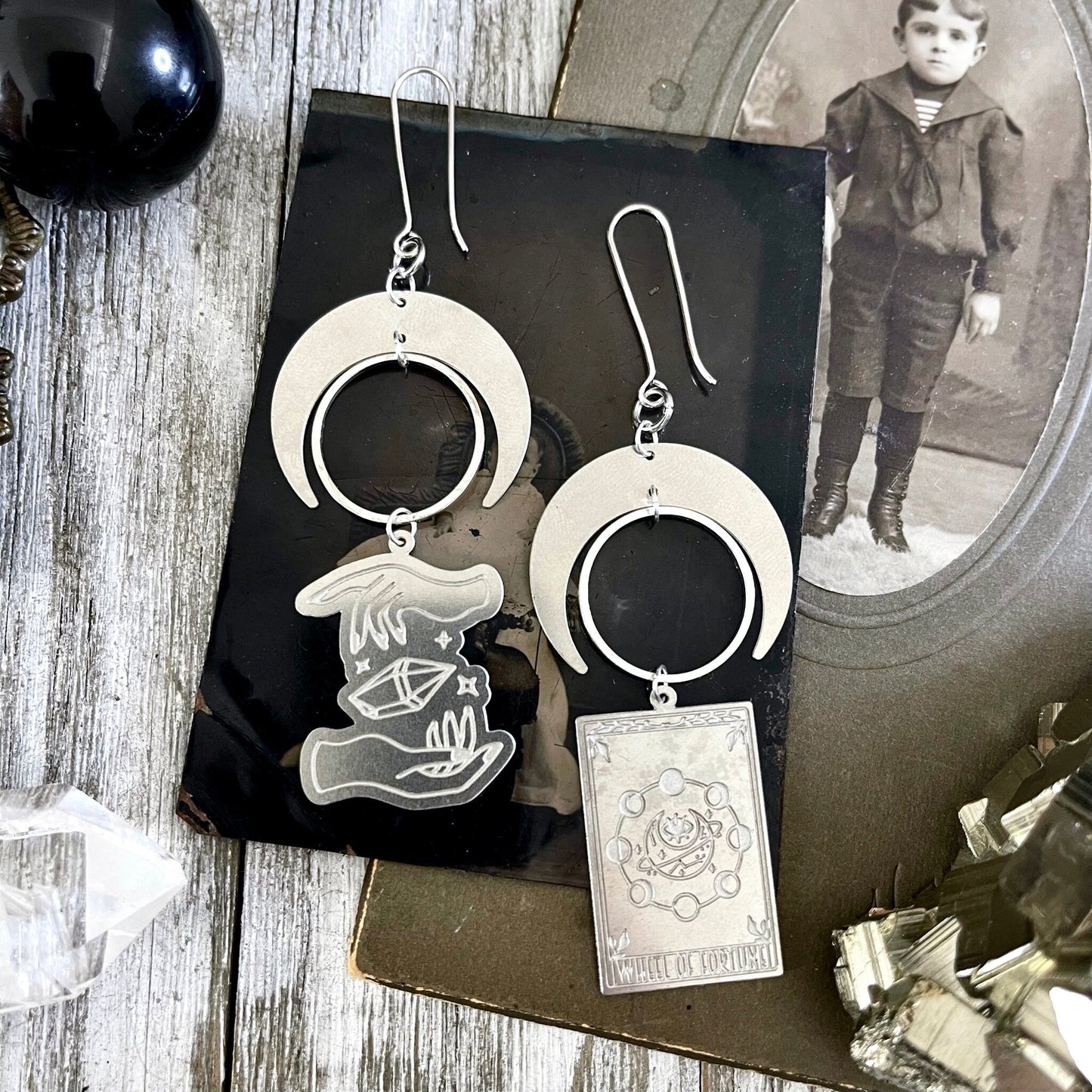 Mismatch Crescent Moon Earrings Witchy Tarot Card Crystal Sterling Silver & Stainless Steel Earrings / Long Dangly Goth Witch Jewelry.
